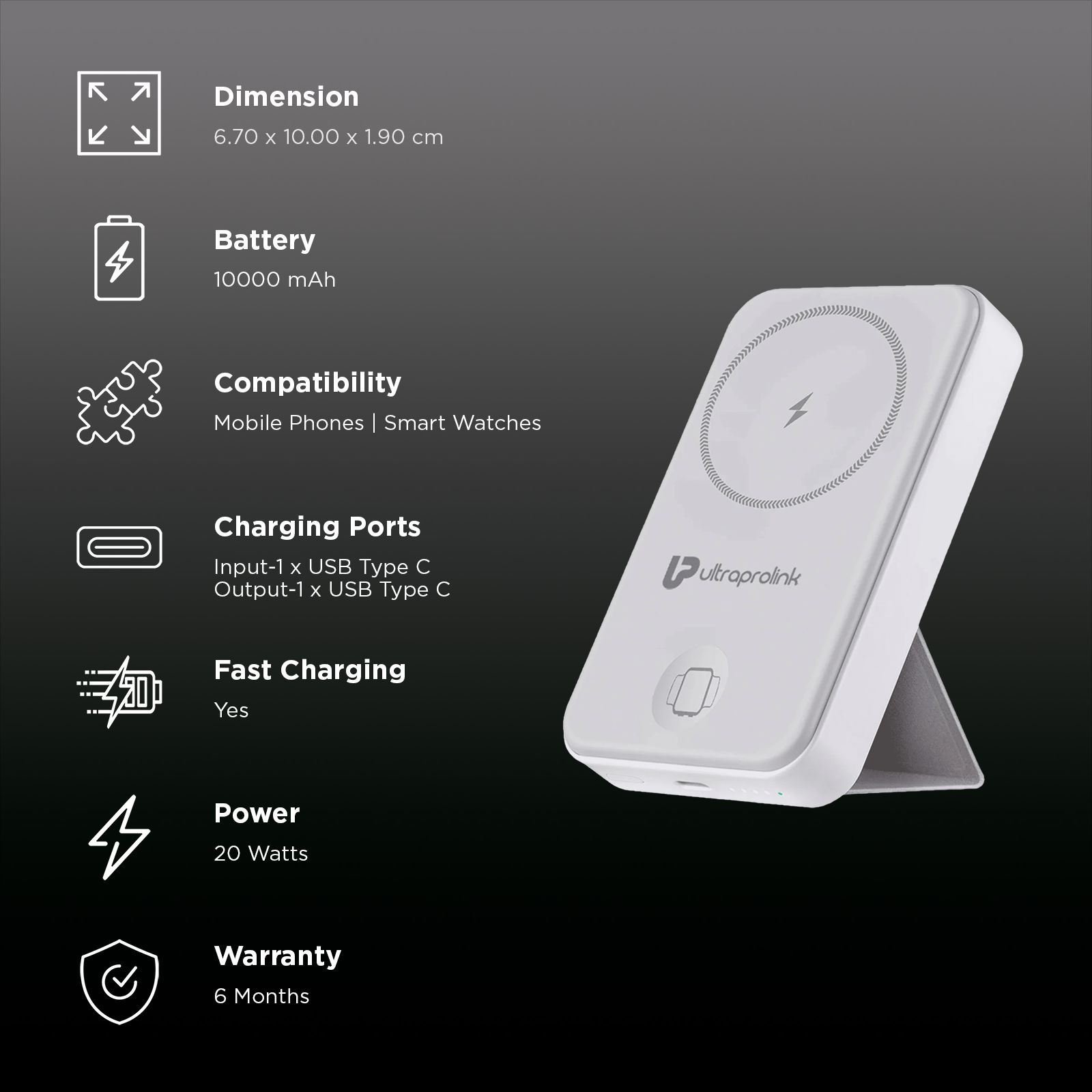 ultraprolink Juice Up Mag 10000 mAh 20W Fast Charging Power Bank (1 Type C Ports, Wireless Charging, White) ultraprolink Juice Up Mag 10000 mAh 20W Fast Charging Power Bank (1 Type C Ports, Wireless Charging, White)_3