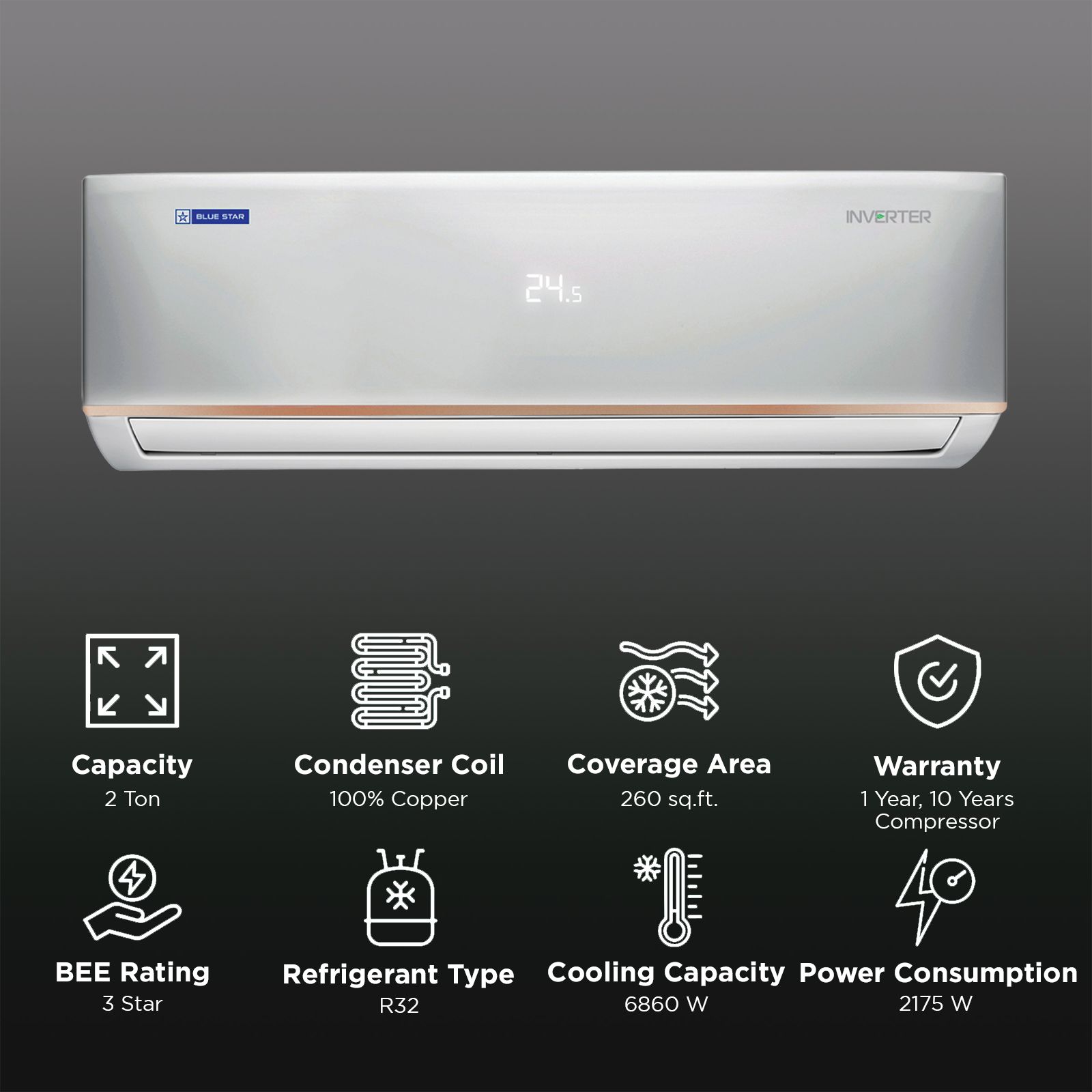 Blue Star D Series 6 in 1 Convertible 2 Ton 3 Star Inverter Split AC with Nano BluProtect Technology (Copper Condenser, IC324DCUHD) Blue Star D Series 6 in 1 Convertible 2 Ton 3 Star Inverter Split AC with Nano BluProtect Technology (Copper Condenser, IC324DCUHD)_2