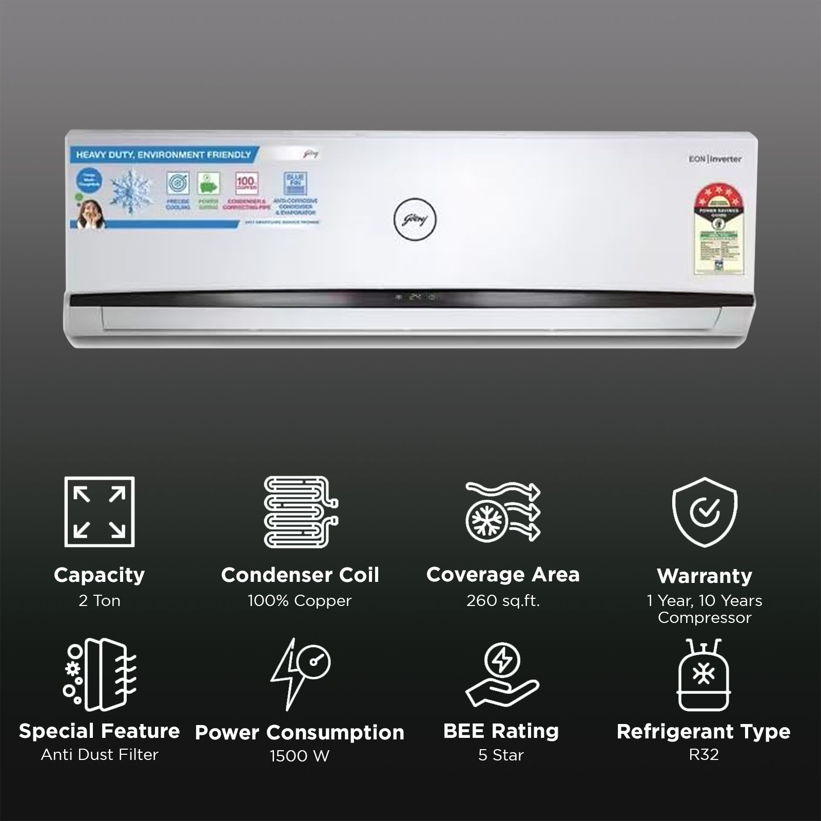Godrej L Series 5 in 1 Convertible 2 Ton 5 Star Inverter Split AC with Hydrophilic Blue Fins (Copper Condenser, GODJ 2T SIC 24LTC5-WWR) Godrej L Series 5 in 1 Convertible 2 Ton 5 Star Inverter Split AC with Hydrophilic Blue Fins (Copper Condenser, GODJ 2T SIC 24LTC5-WWR)_2