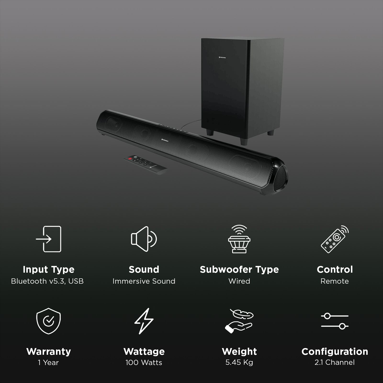 PORTRONICS Pure Sound Pro X1 100W Bluetooth Soundbar with Remote (3 EQ Modes, 2.1 Channel, Black) PORTRONICS Pure Sound Pro X1 100W Bluetooth Soundbar with Remote (3 EQ Modes, 2.1 Channel, Black)_3