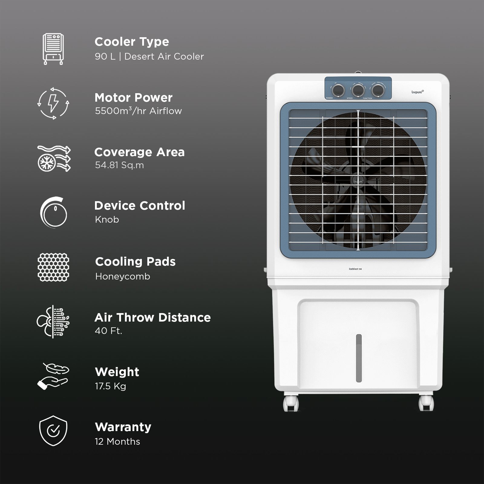 Livpure Ice Blast 90 Litres Desert Air Cooler with Temperature Overload Protection (Inverter Compatible, White & Blue) Livpure Ice Blast 90 Litres Desert Air Cooler with Temperature Overload Protection (Inverter Compatible, White & Blue)_3