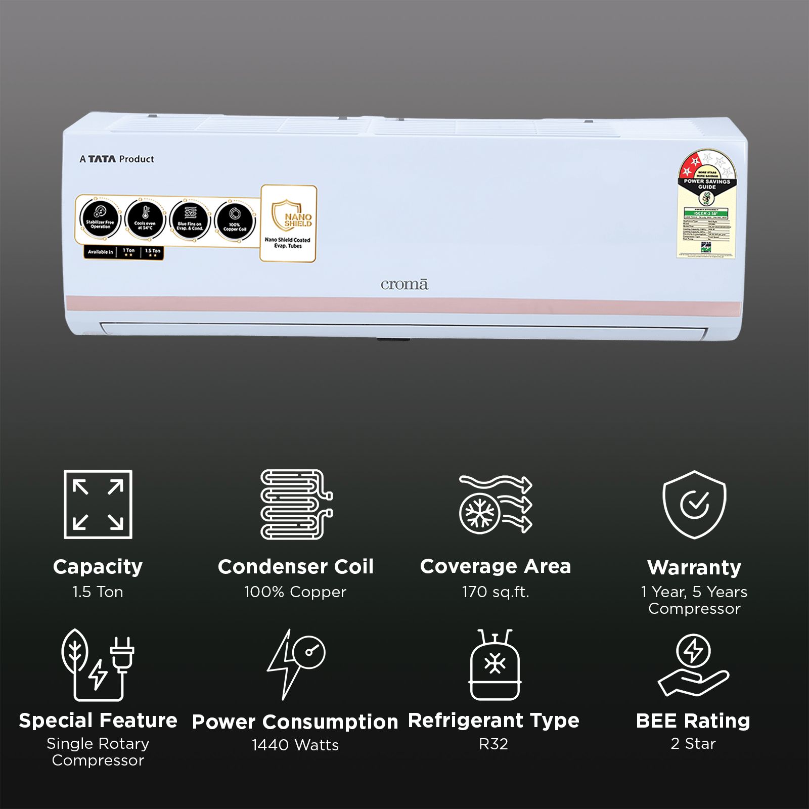 Croma 1.5 Ton 2 Star Split AC (Copper Condenser, Dust Filter) Croma 1.5 Ton 2 Star Split AC (Copper Condenser, Dust Filter)_2