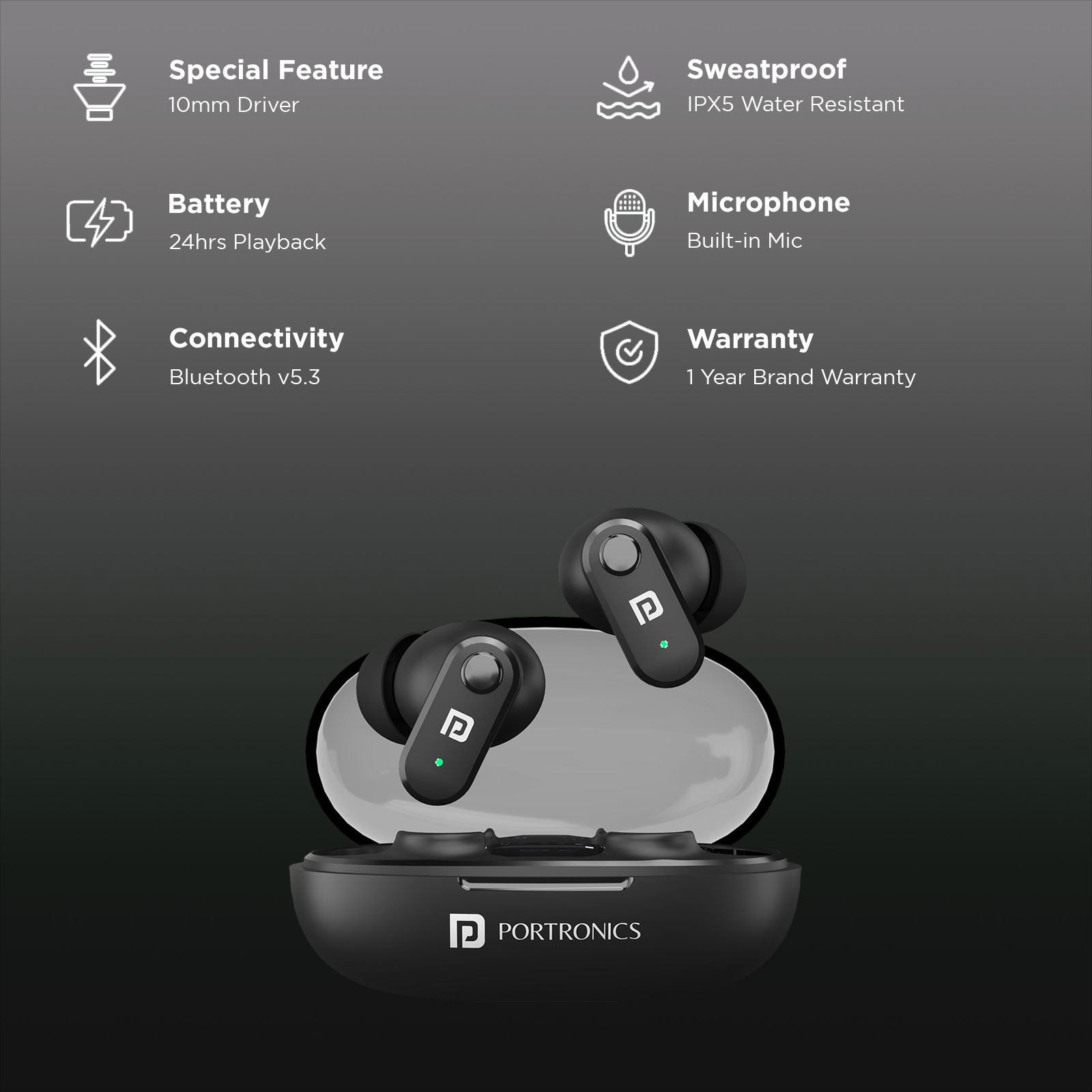 PORTRONICS Harmonics Twins S16 POR2228 TWS Earbuds (IPX5 Water & Sweat Resistant, Deep Bass Technology, Black)_2
