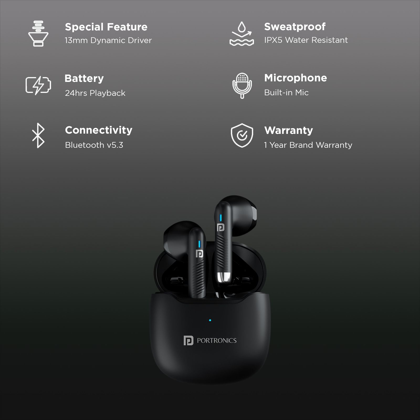 PORTRONICS Harmonics Twins S12 POR2389 TWS Earbuds (IPX5 Water Resistant, Deep Bass Technology, Black)_2