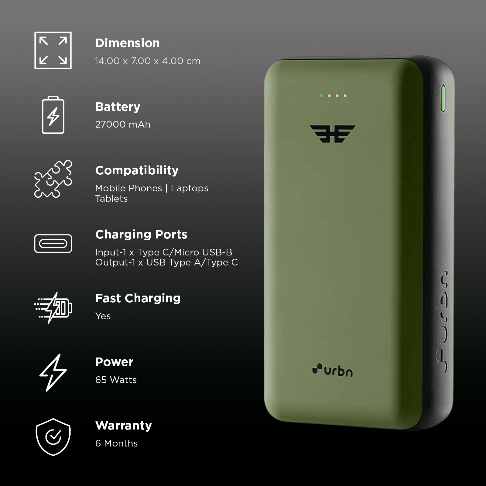 urbn Ultra Compact 27000 mAh 65W Fast Charging Power Bank (2 Type A & 1 Type C Ports, 12 Multi Layers of Chipset Protection, Green)_3