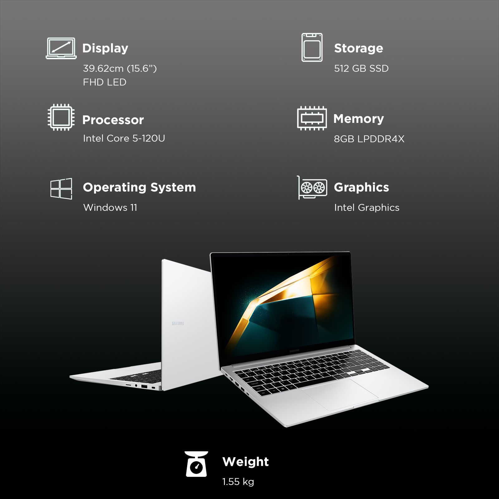 SAMSUNG Galaxy Book4 Intel Core 5 Thin and Light Laptop (8GB, 512GB SSD, Windows 11 Home, 15.6 inch Full HD LED Display, MS Office, Silver, 1.55 KG)_3
