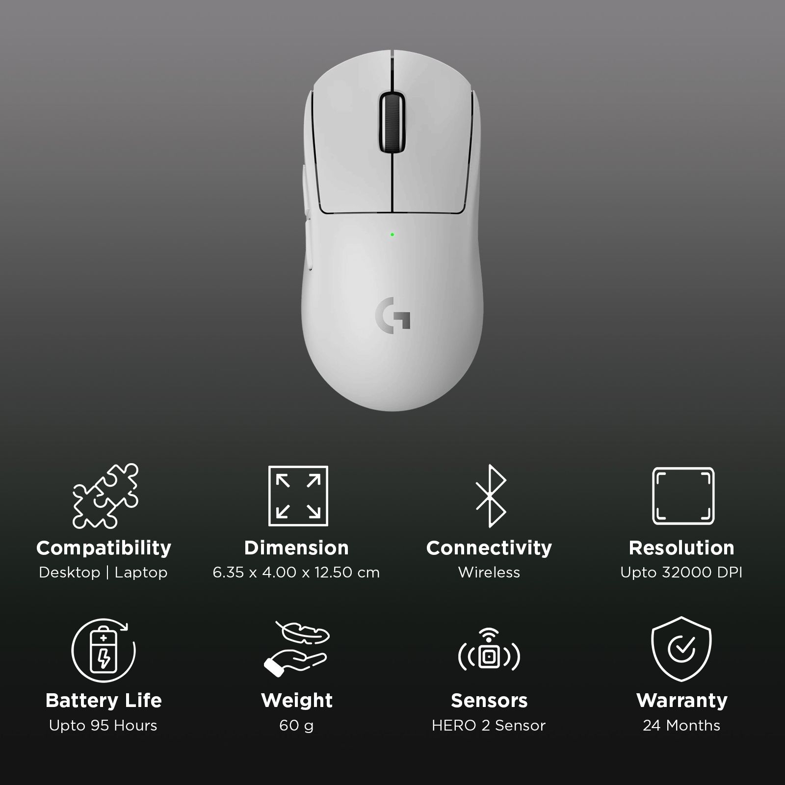 logitech Pro X Superlight 2 Rechargeable Wireless Optical Gaming Mouse with Lightforce Hybrid Switches (32000 DPI Adjustable, No Additive PTFE Feet, White)_3