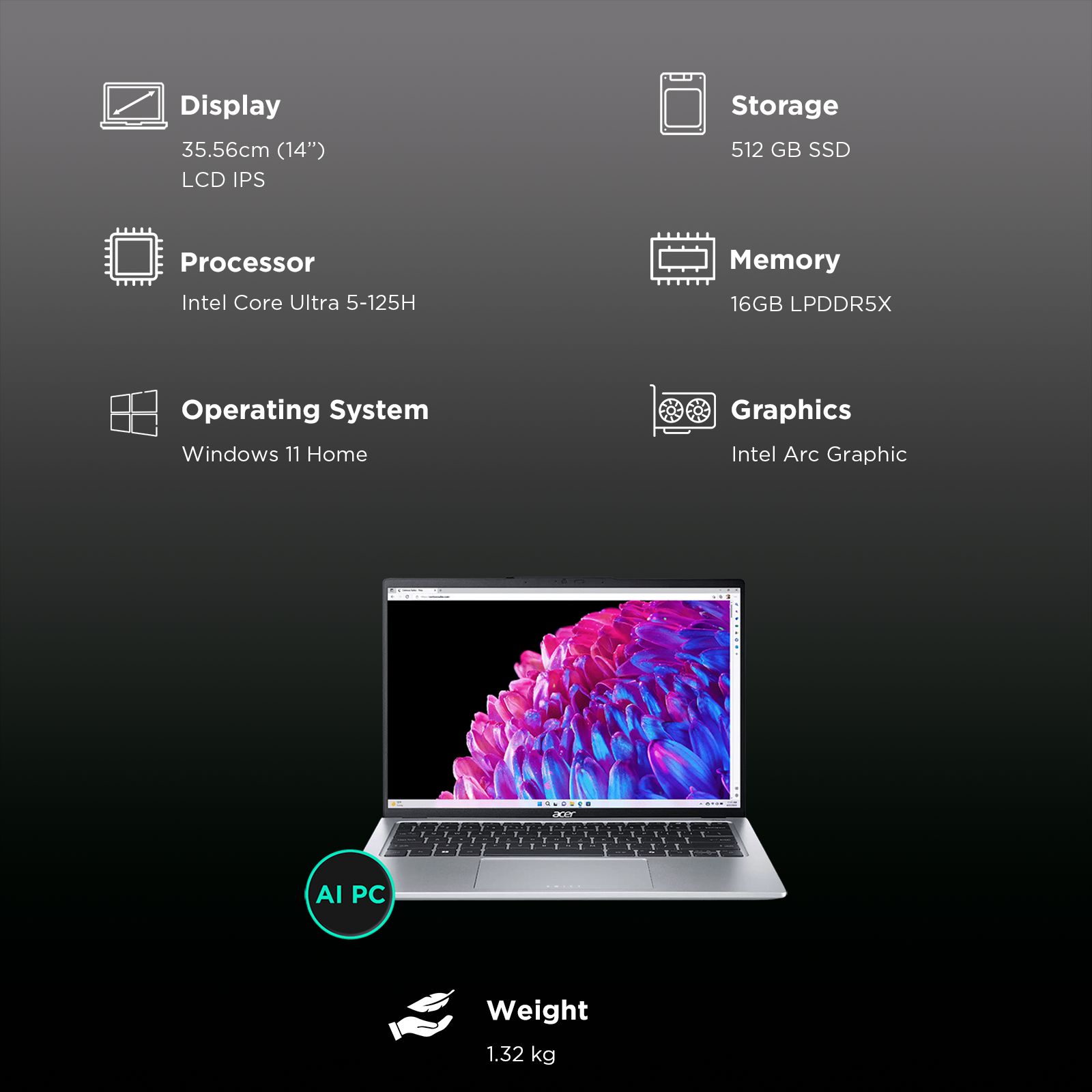 acer Swift Go SFG14-73T-58PZ Intel Core Ultra 5 Touchscreen Thin & Light Laptop (16GB, 512GB SSD, Windows 11 Home, 14 inch LCD IPS Display, MS Office 2021, Silver, 1.32 KG)_3