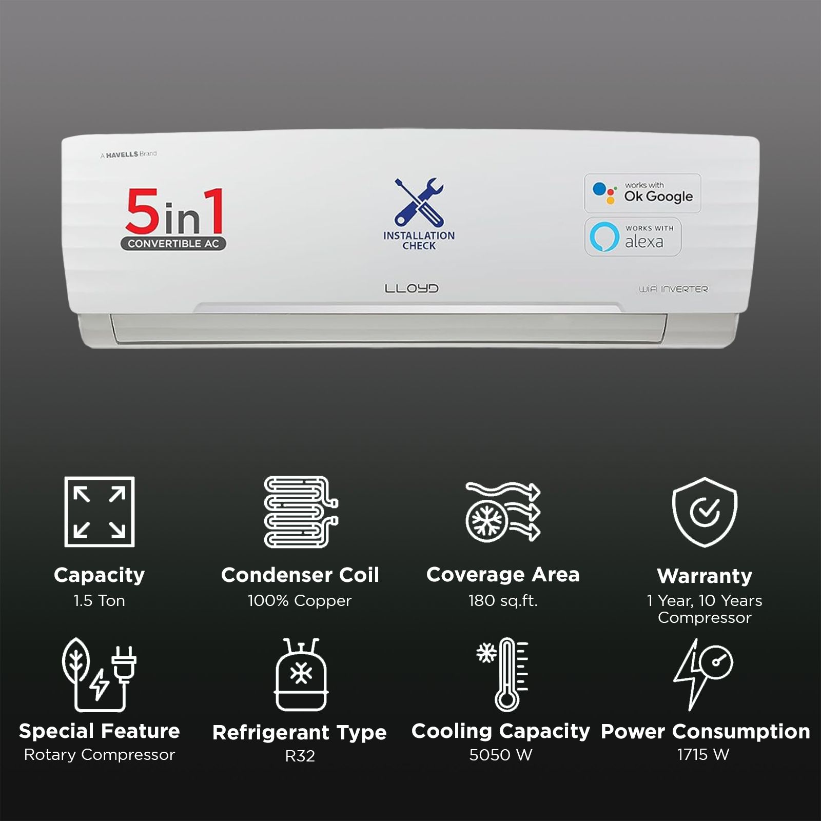 LLOYD 5 in 1 Convertible 1.5 Ton 3 Star Inverter Split Smart AC with Wi-Fi Supported (Copper Condenser, GLS18V3FWCXV) LLOYD 5 in 1 Convertible 1.5 Ton 3 Star Inverter Split Smart AC with Wi-Fi Supported (Copper Condenser, GLS18V3FWCXV)_2