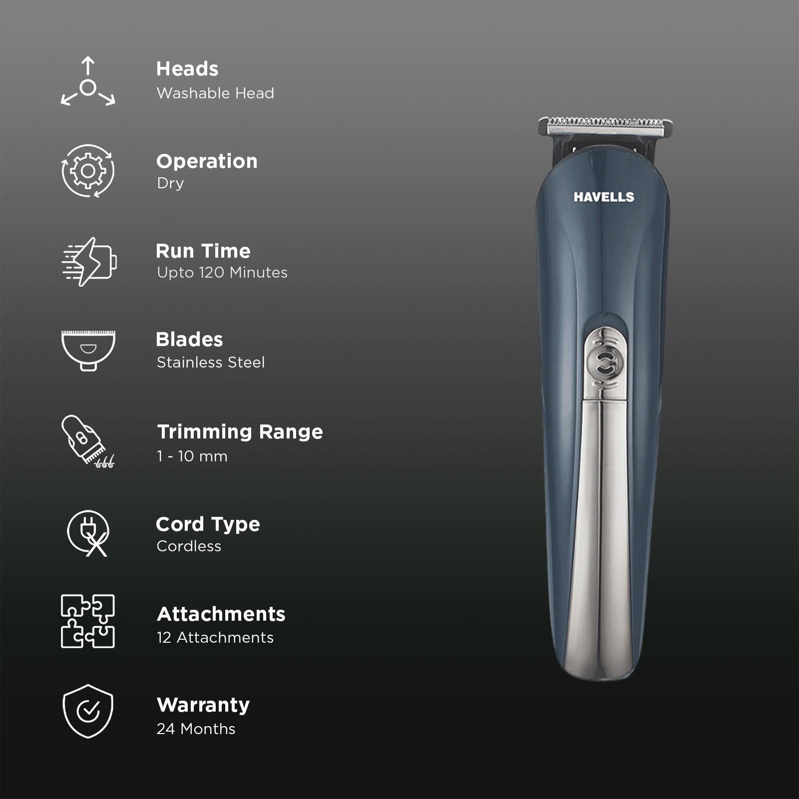 HAVELLS Alpha 12-in-1 Rechargeable Cordless Dry Trimmer for Beard, Body & Hair with 8 Length Settings for Men (120mins Runtime, Fast Charging, Blue) HAVELLS Alpha 12-in-1 Rechargeable Cordless Dry Trimmer for Beard, Body & Hair with 8 Length Settings for Men (120mins Runtime, Fast Charging, Blue)_3
