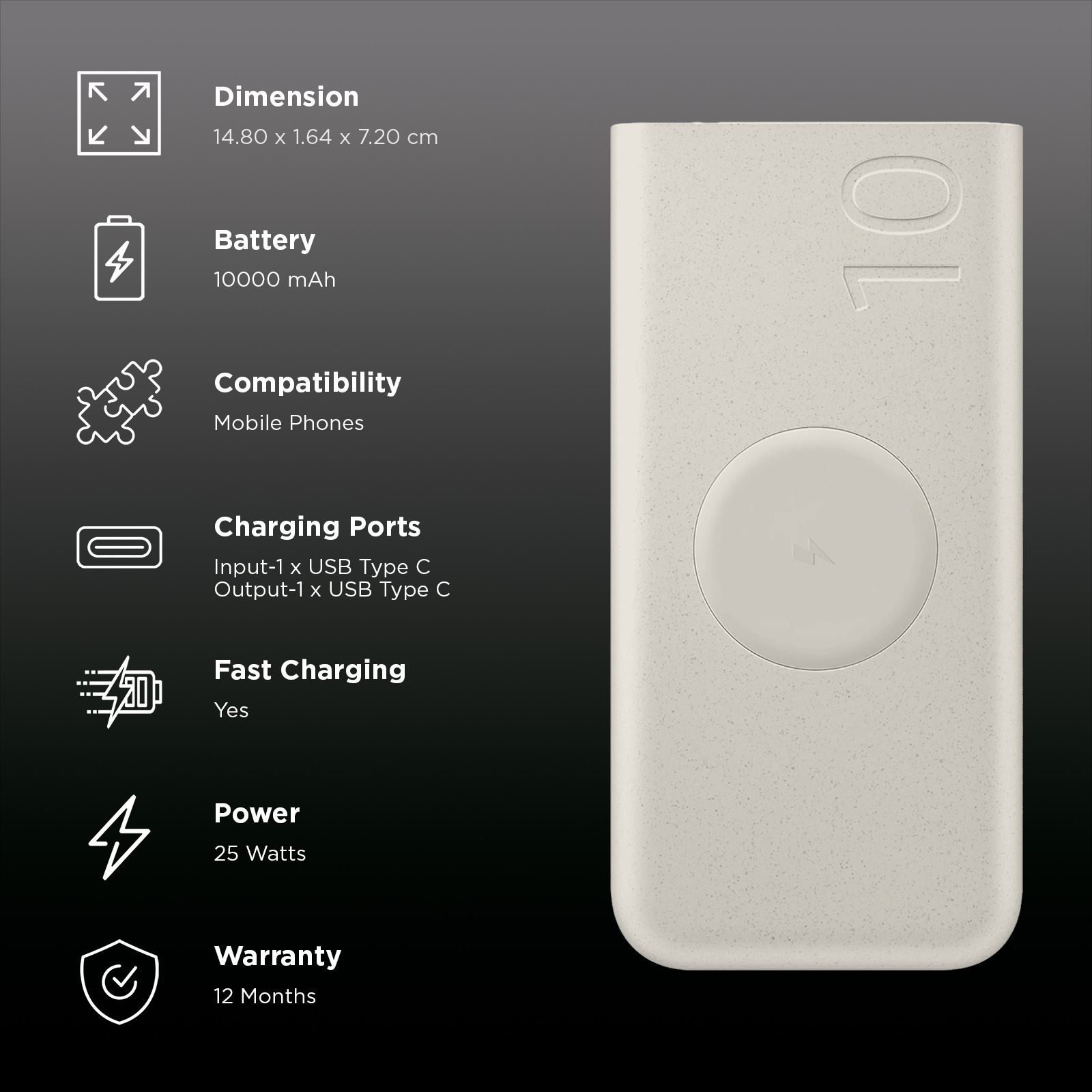 SAMSUNG 10000 mAh 25W Fast Charging Power Bank (2 Type C Ports, Wireless Charging, Beige)_3