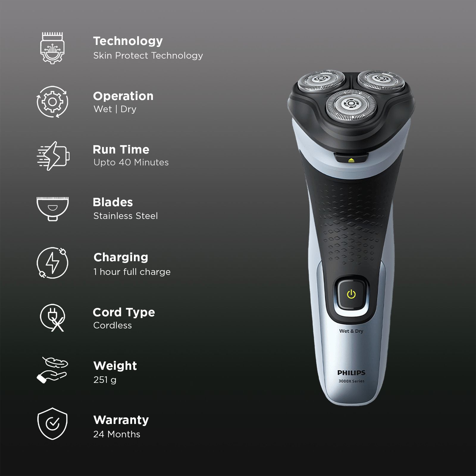 PHILIPS 3 Series Rechargeable Cordless Shaver for Beard for Men (40mins Runtime, 4D Floating Heads, Celestial Blue) PHILIPS 3 Series Rechargeable Cordless Shaver for Beard for Men (40mins Runtime, 4D Floating Heads, Celestial Blue)_3