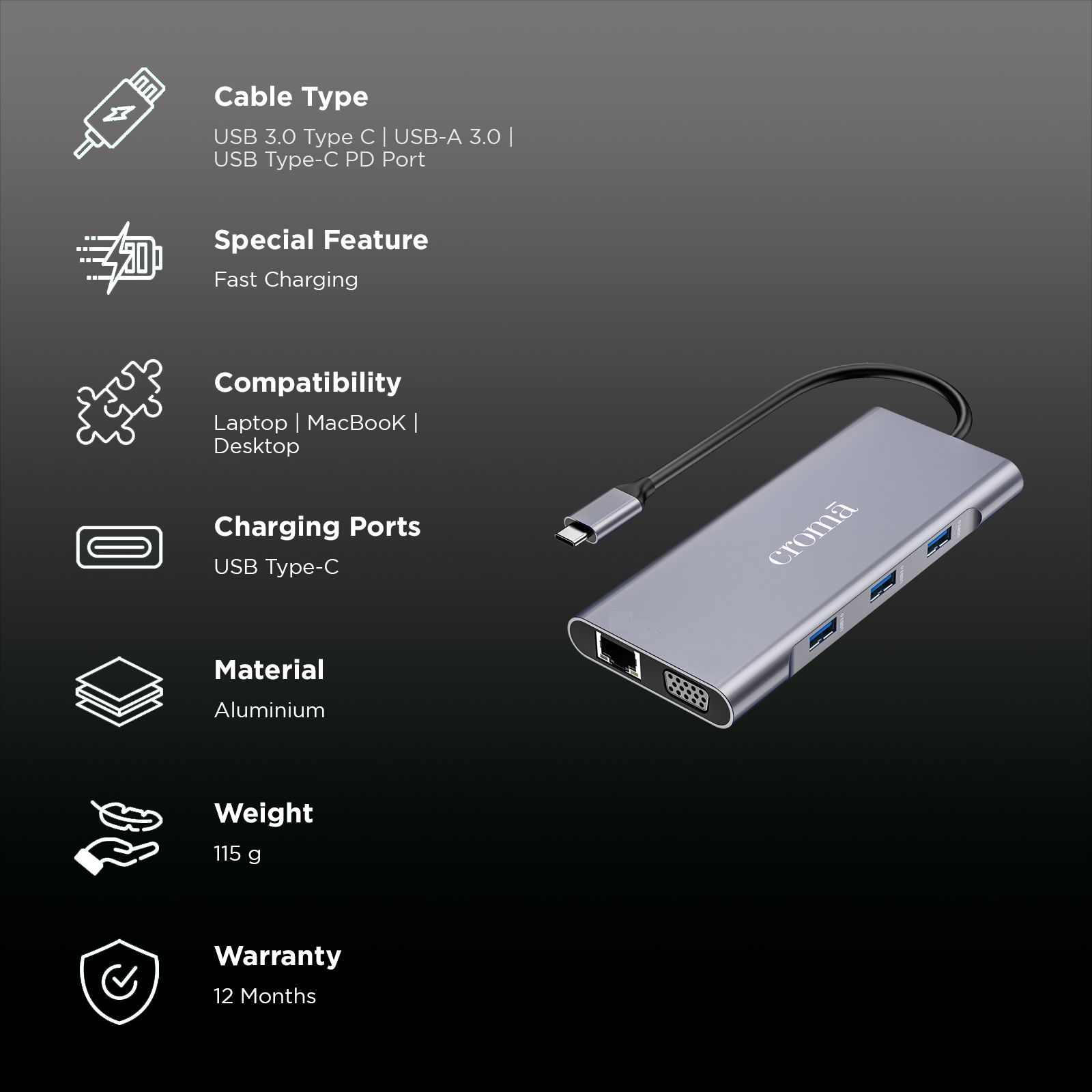 Croma 10-in-1 USB 3.0 Type C to USB-A 3.0, HDMI, VGA, SD, TF card, USB Type-C PD Port, Ethernet, 3.5mm Audio Jack Multi Utility Hub (Supports Fast Charging, Grey) Croma 10-in-1 USB 3.0 Type C to USB-A 3.0, HDMI, VGA, SD, TF card, USB Type-C PD Port, Ethernet, 3.5mm Audio Jack Multi Utility Hub (Supports Fast Charging, Grey)_2