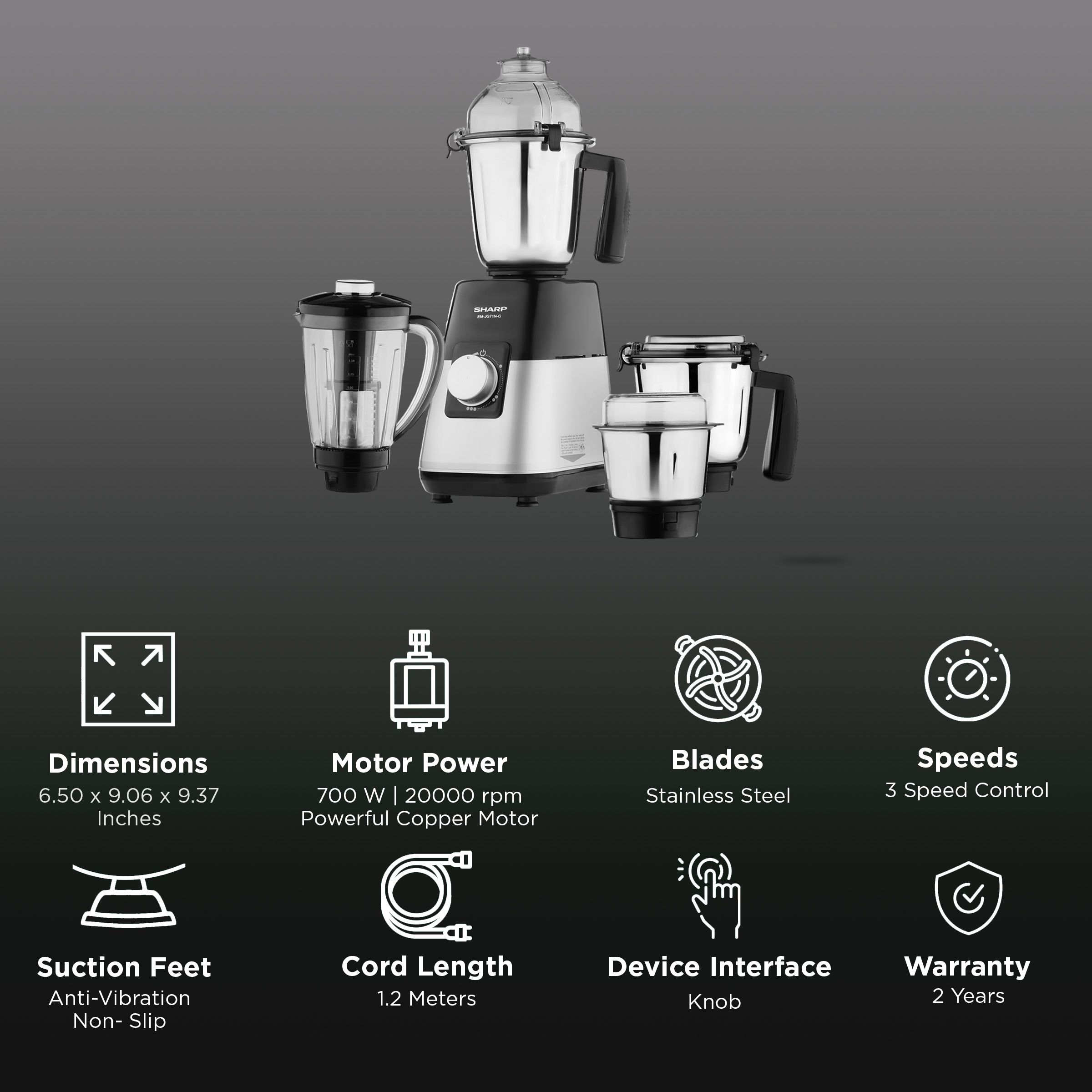 SHARP 750 Watt 4 Jars Juicer Mixer Grinder (20000 RPM, Auto Cut-off, Silver Metallic)_2