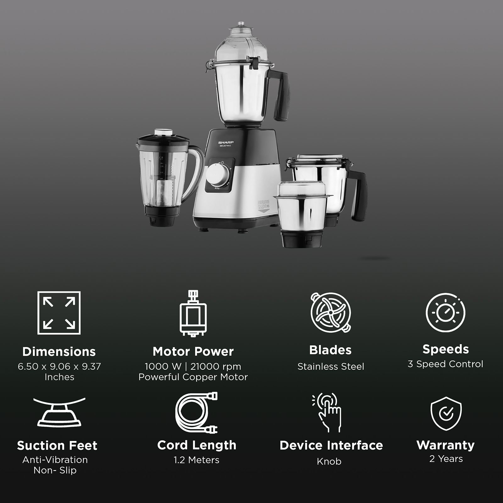 SHARP 1000 Watt 4 Jars Juicer Mixer Grinder (21000 RPM, Auto Cut-off, Silver Metallic)_2