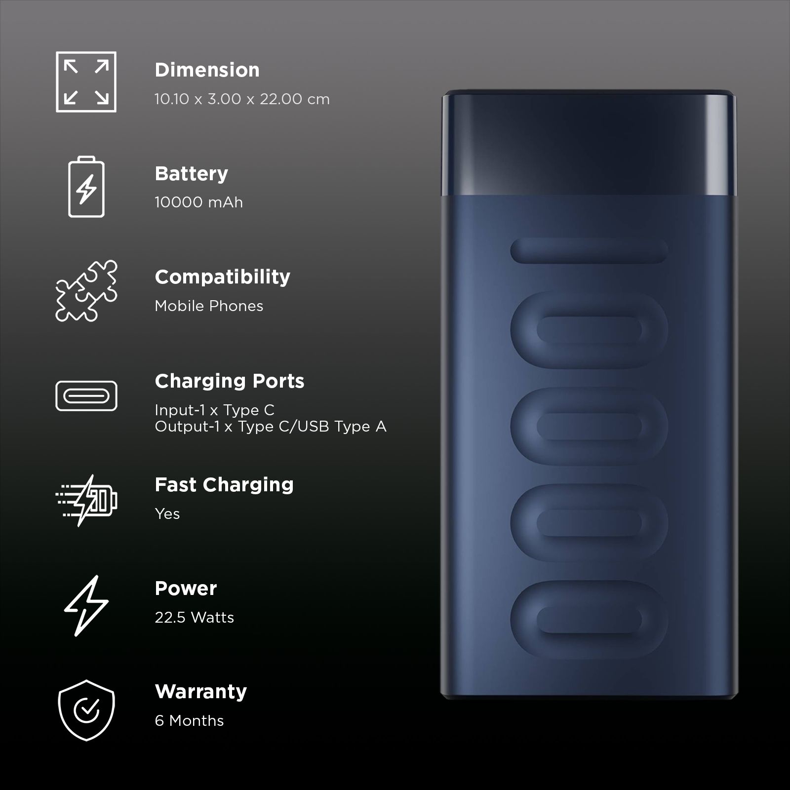 ambrane Stylo 10000 mAh 22.5W Fast Charging Power Bank (1 Type A & 1 Type C, 12 Layers of Advanced Chipset Protection, Blue)_3