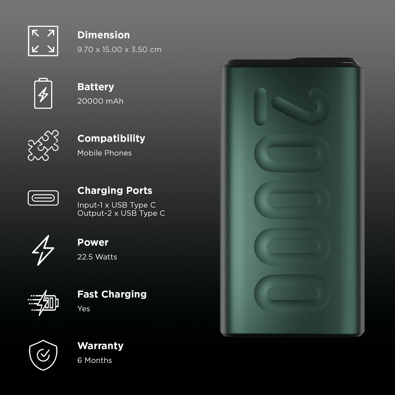 ambrane Stylo 20000 mAh 22.5W Fast Charging Power Bank (2 Type A & 1 Type C Ports, 12 Layers of Advanced Chipset Protection, Green) ambrane Stylo 20000 mAh 22.5W Fast Charging Power Bank (2 Type A & 1 Type C Ports, 12 Layers of Advanced Chipset Protection, Green)_3