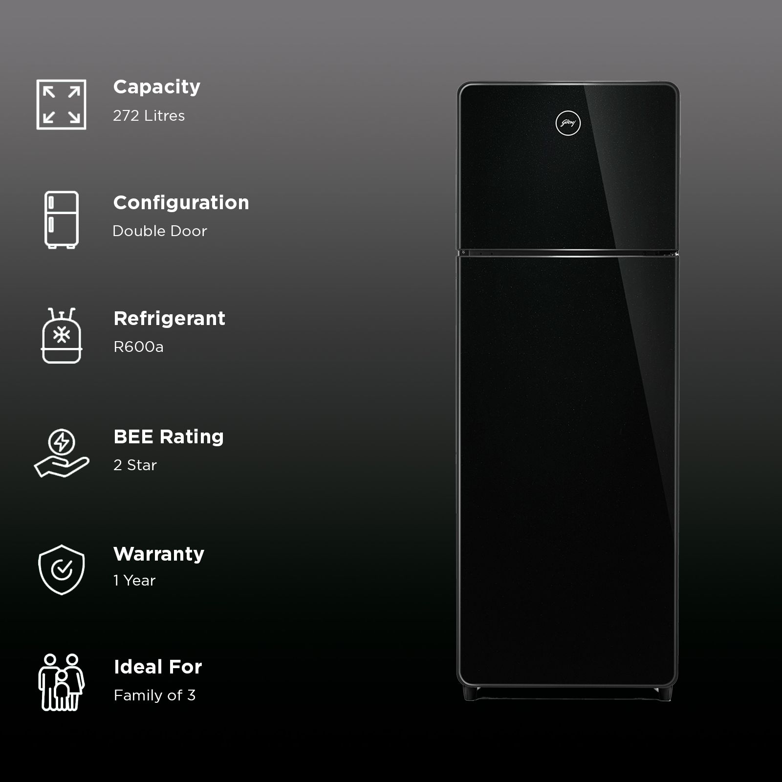 Godrej Eon Crystal 272 Litres 2 Star Frost Free Double Door Refrigerator with Advanced Inverter Technology (RT EONCRYSTAL 310B RI OB, Black Glass)_3