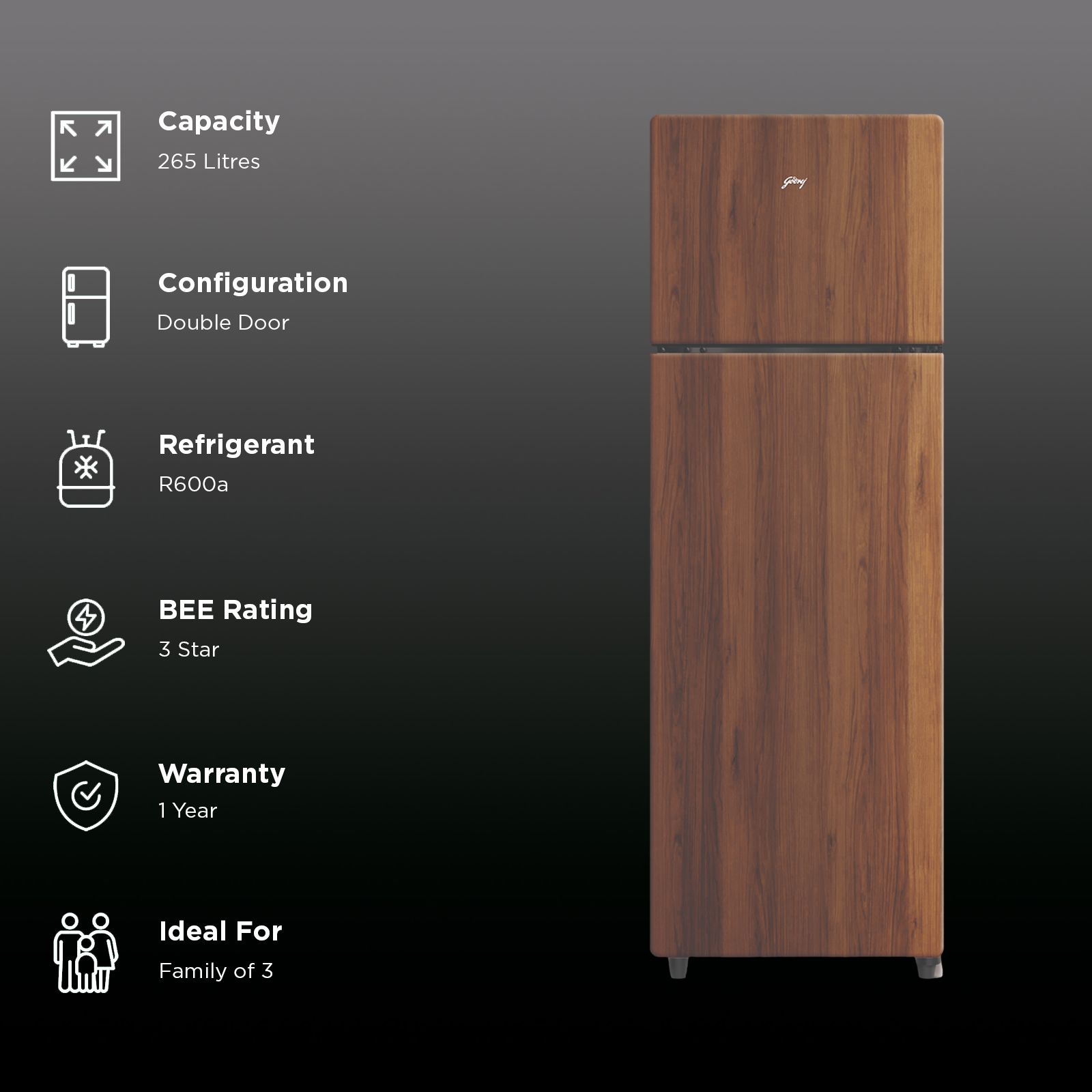 Godrej VOGUE 244 Litres 2 Star Frost Free Double Door Refrigerator with R600a Refrigerant (RT EONVOGUE 280B RI WT WD, Walnut Wood) Godrej VOGUE 244 Litres 2 Star Frost Free Double Door Refrigerator with R600a Refrigerant (RT EONVOGUE 280B RI WT WD, Walnut Wood)_2