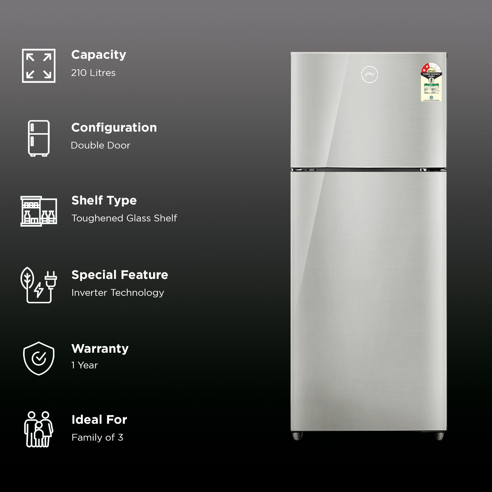 Godrej Eon Alpha 210 Litres 2 Star Frost Free Double Door Refrigerator with Built-in Stabilizer (RT EONALPHA 250B RI, Steel Glow) Godrej Eon Alpha 210 Litres 2 Star Frost Free Double Door Refrigerator with Built-in Stabilizer (RT EONALPHA 250B RI, Steel Glow)_3