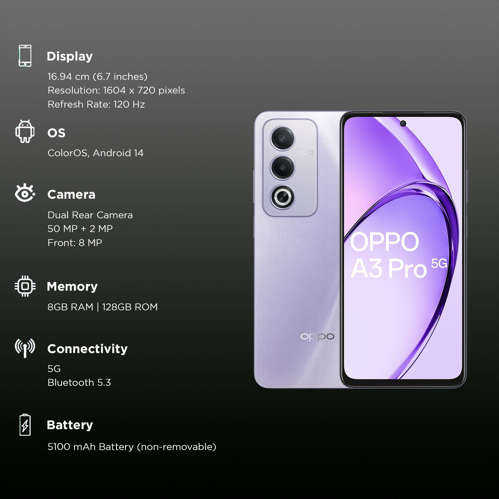 oppo A3 Pro 5G (8GB RAM, 128GB, Moonlight Purple) oppo A3 Pro 5G (8GB RAM, 128GB, Moonlight Purple)_3