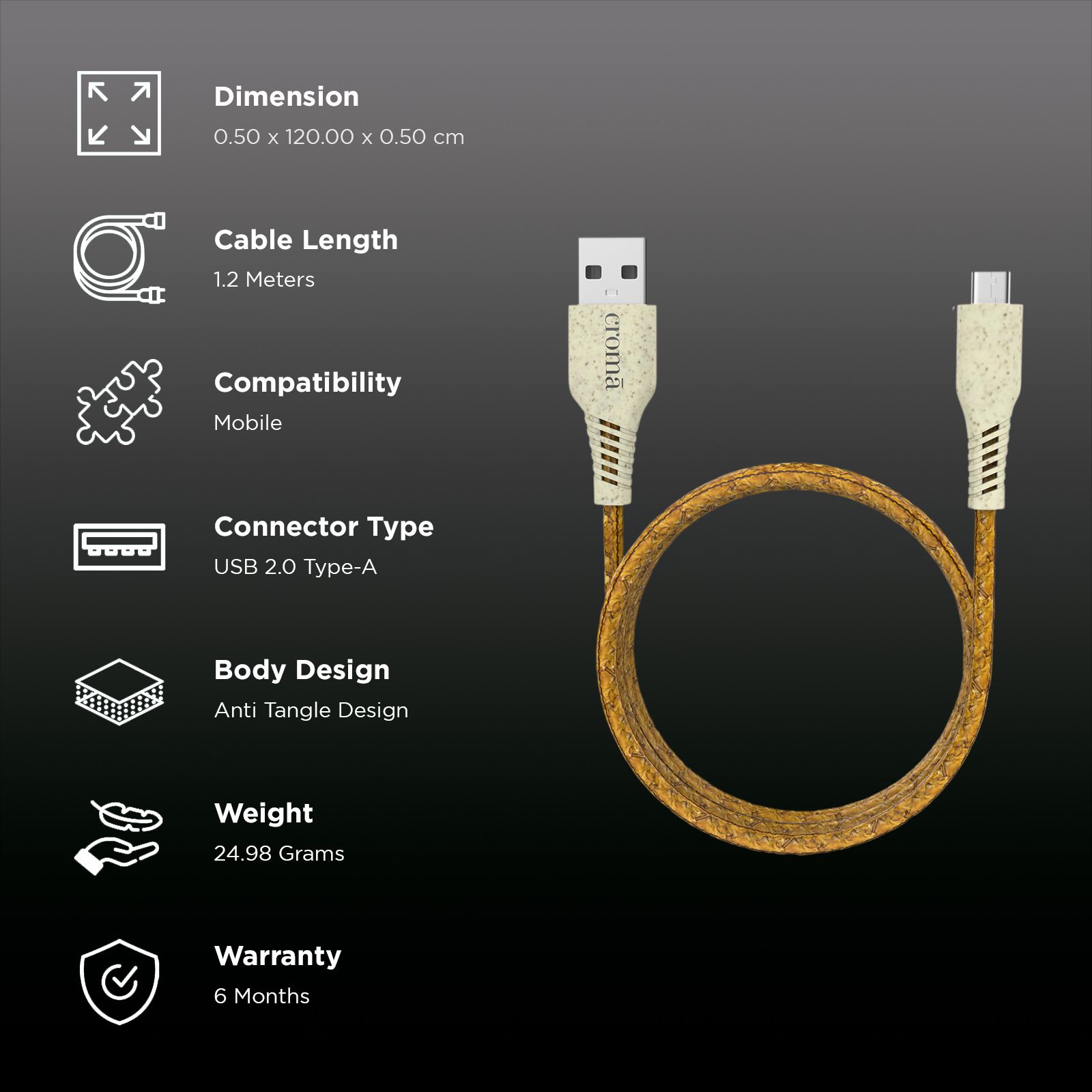 Croma Eco Type A to Type C 3.9 Feet (1.2M) Cable (Bio-degradable Material, Brown) Croma Eco Type A to Type C 3.9 Feet (1.2M) Cable (Bio-degradable Material, Brown)_2
