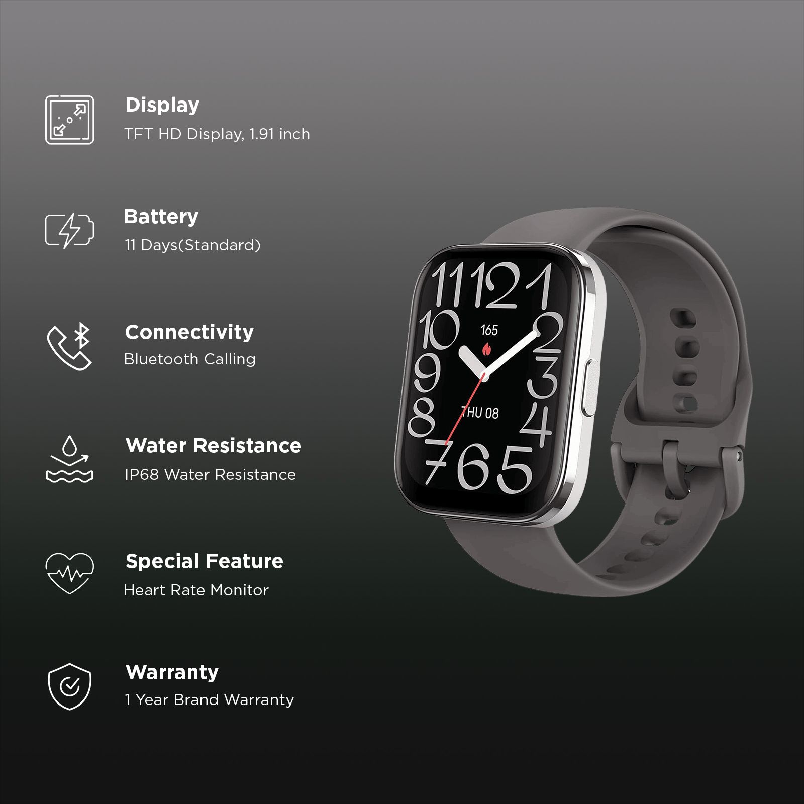 amazfit Bip 5 Unity Smartwatch with Bluetooth Calling (48.5mm TFT HD Display, IP68 Water Resistant, Charcoal Strap)_2
