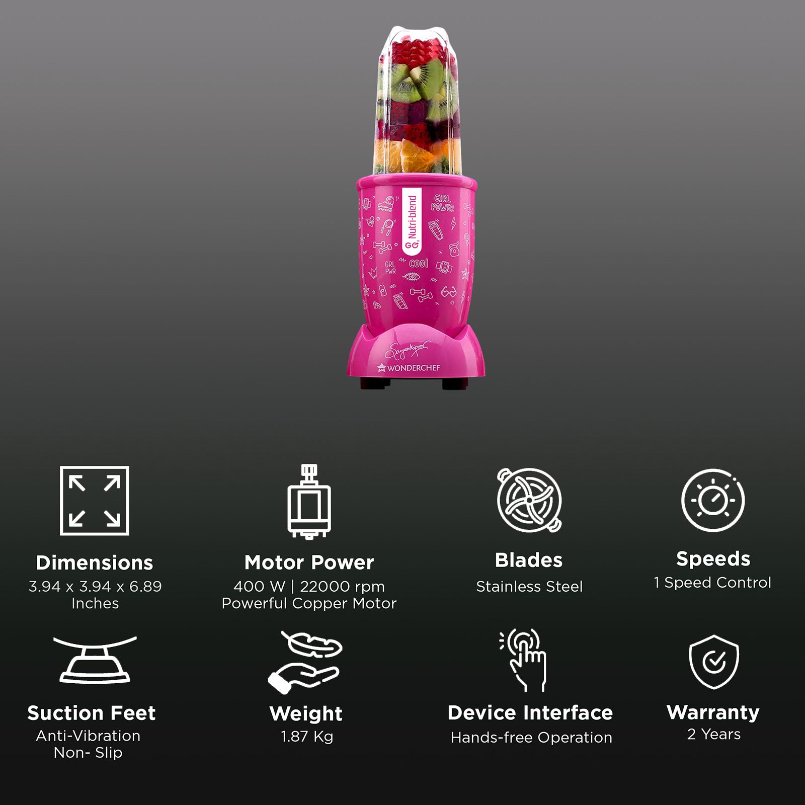 WONDERCHEF Nutri-Blend Go 400 Watt 1 Jar Mixer Grinder Blender (22000 RPM, Crafted for Fitness Enthusiasts, Pink) WONDERCHEF Nutri-Blend Go 400 Watt 1 Jar Mixer Grinder Blender (22000 RPM, Crafted for Fitness Enthusiasts, Pink)_2