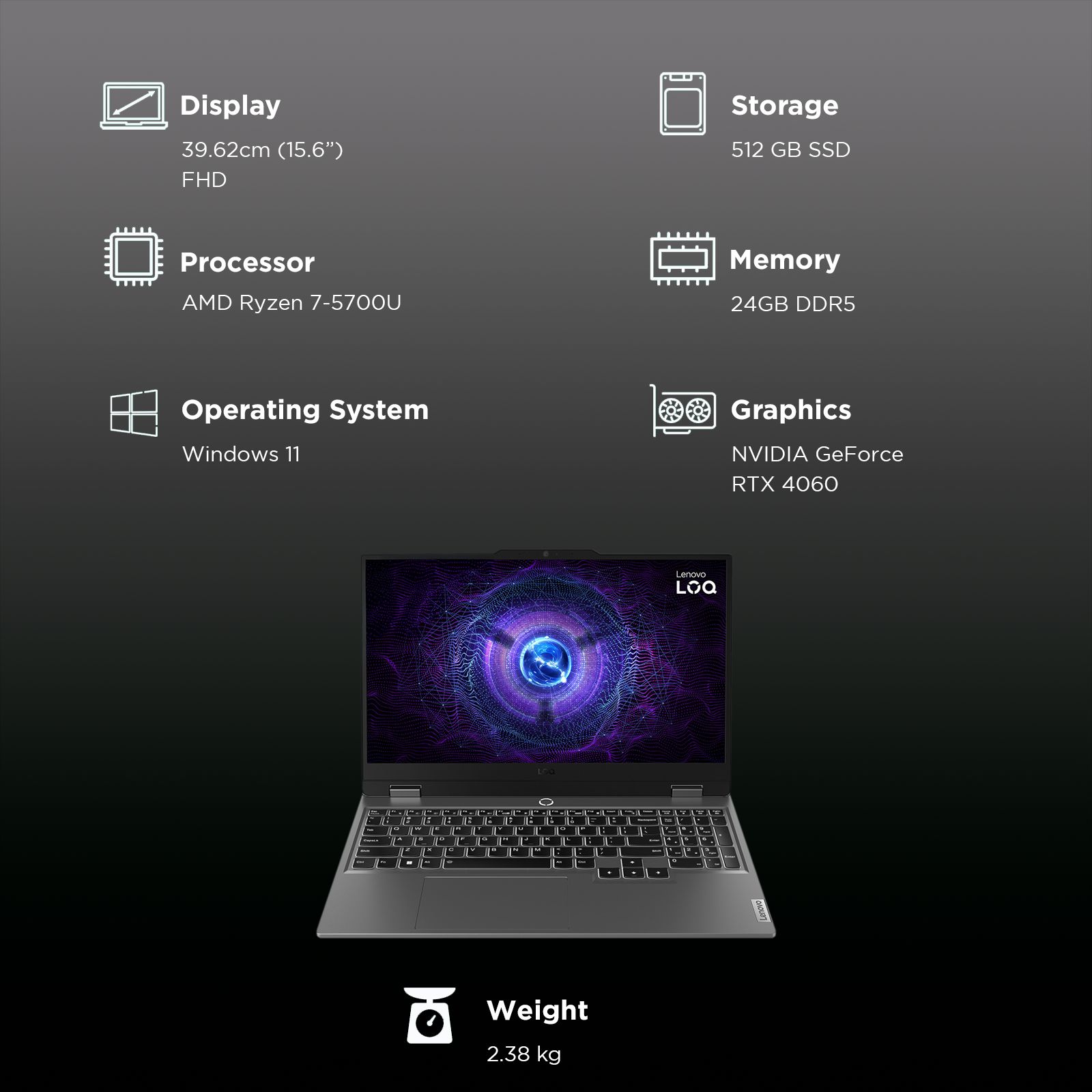 Lenovo LOQ 15ARP9 AMD Ryzen 7 Gaming Laptop (24GB, 512GB SSD, Windows 11 Home, 8GB Graphics, 15.6 inch 144 Hz Full HD IPS Display, NVIDIA GeForce RTX 4060, MS Office 2021, Luna Grey, 2.38 KG) Lenovo LOQ 15ARP9 AMD Ryzen 7 Gaming Laptop (24GB, 512GB SSD, Windows 11 Home, 8GB Graphics, 15.6 inch 144 Hz Full HD IPS Display, NVIDIA GeForce RTX 4060, MS Office 2021, Luna Grey, 2.38 KG)_3