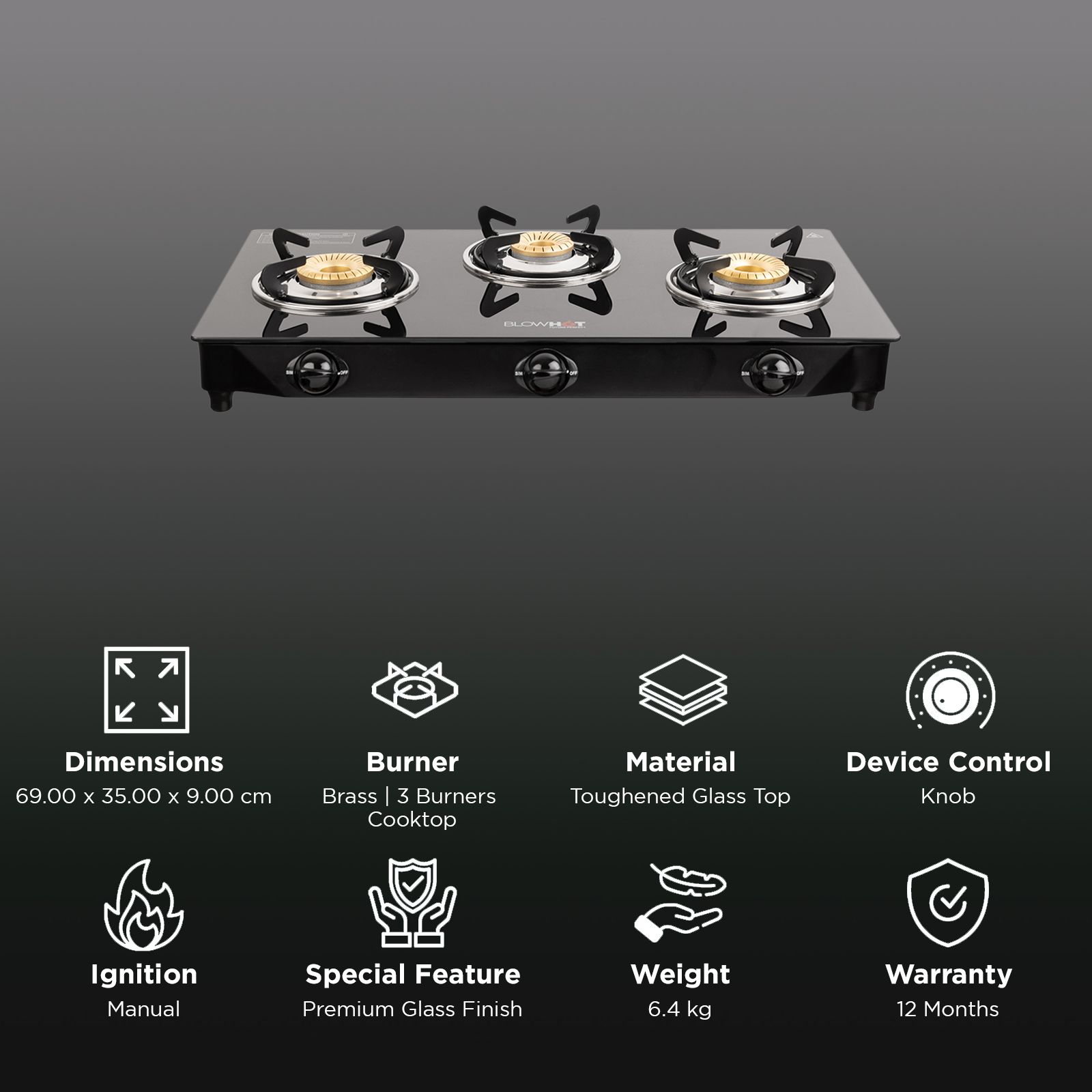 BLOWHOT Pearl Toughened Glass Top 3 Burner Manual Gas Stove (Premium Glass Finish, Black) BLOWHOT Pearl Toughened Glass Top 3 Burner Manual Gas Stove (Premium Glass Finish, Black) _3