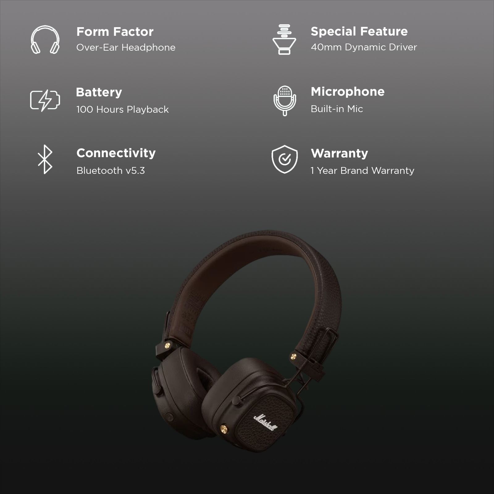 Marshall Major V Bluetooth Headphone with Mic (Upto 100 Hours Playback, On Ear, Brown)_2