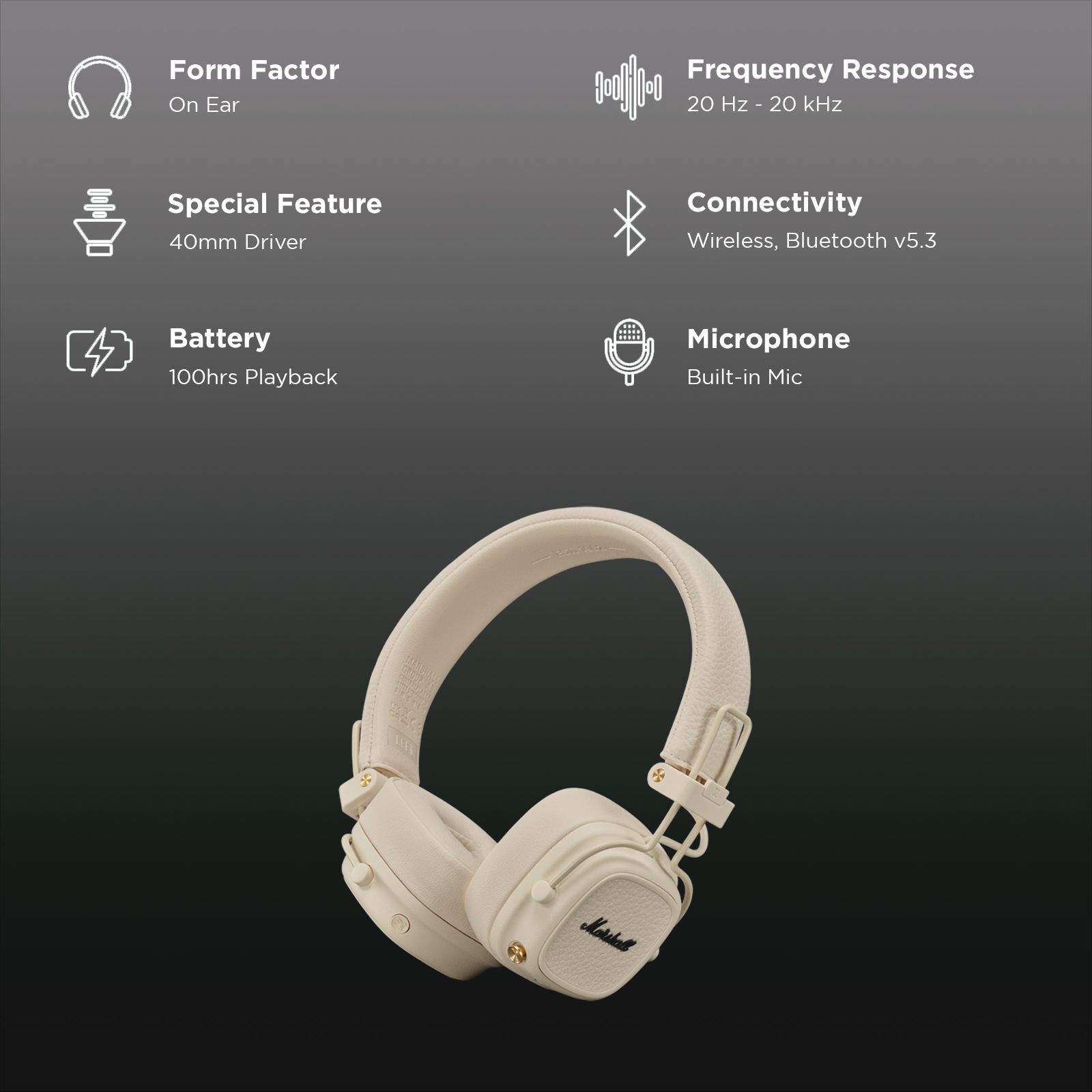 Marshall Major V Bluetooth Headphone with Mic (Upto 100 Hours Playback, On Ear, Cream)_2