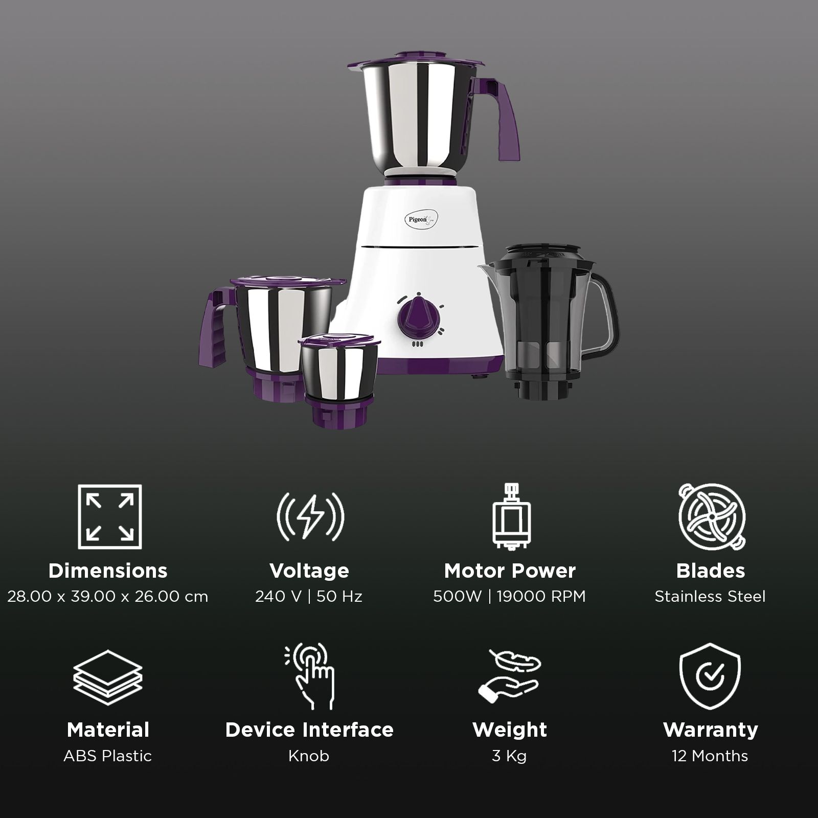 Pigeon 15024 Favourite 500 Watt 4 Jars Mixer Grinder (19000 RPM, Shock Proof Body, White & Purple Pigeon 15024 Favourite 500 Watt 4 Jars Mixer Grinder (19000 RPM, Shock Proof Body, White & Purple_2