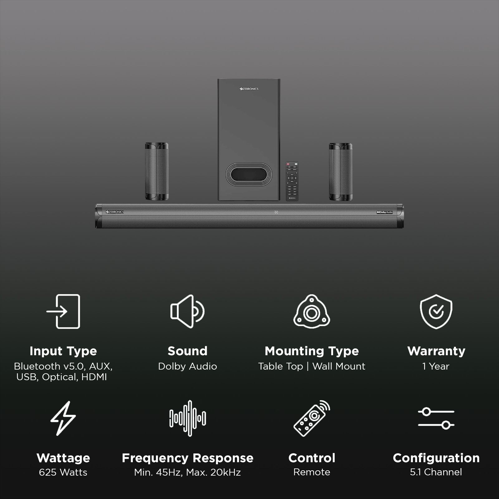 ZEBRONICS Zeb-Juke Bar 9450 Pro 625W Bluetooth Soundbar with Remote (Dolby Audio, 5.1 Channel, Black) ZEBRONICS Zeb-Juke Bar 9450 Pro 625W Bluetooth Soundbar with Remote (Dolby Audio, 5.1 Channel, Black)_2