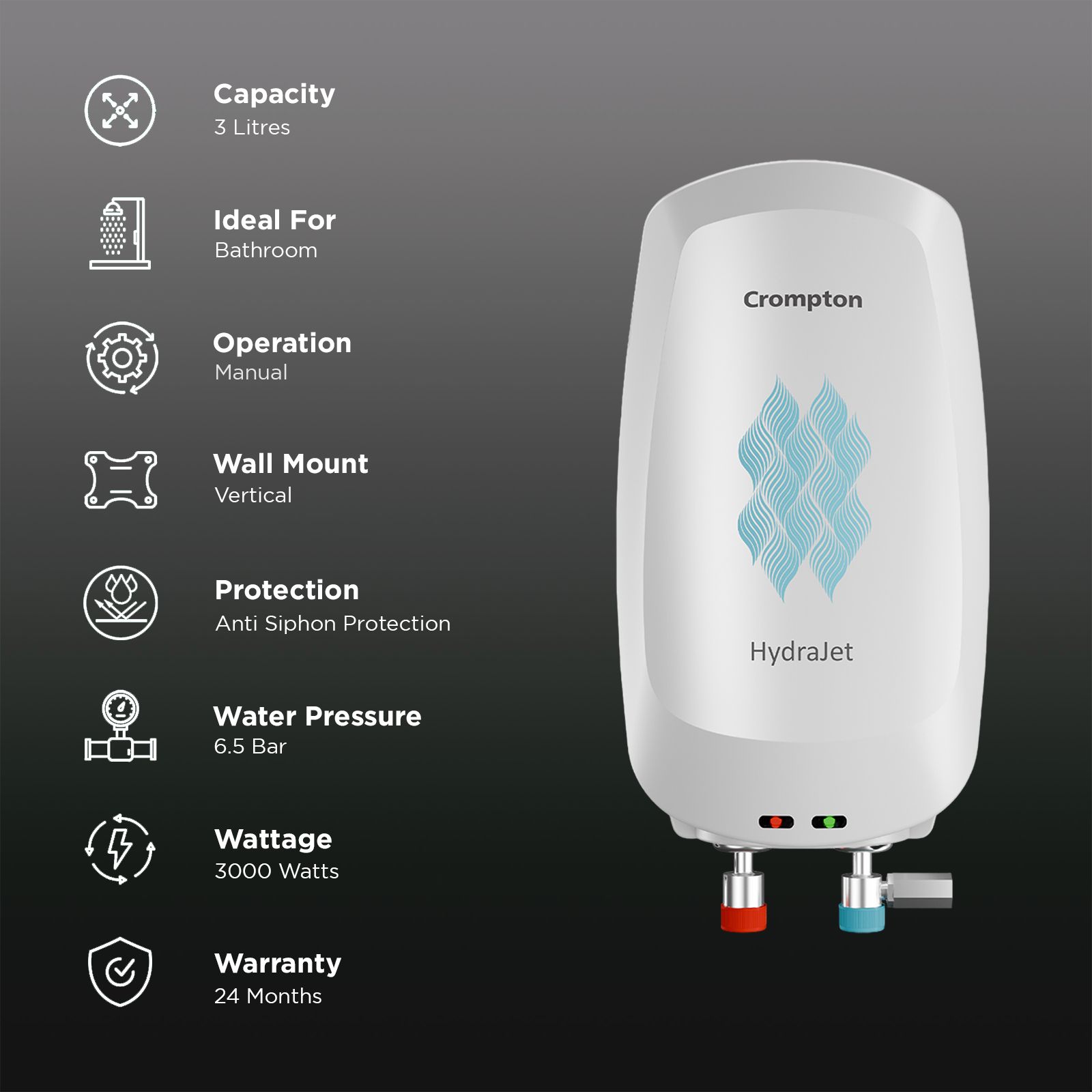 Crompton Hydrajet 3 Litre 5 Star Vertical Instant Geyser with Advanced 4 Level Safety (White) Crompton Hydrajet 3 Litre 5 Star Vertical Instant Geyser with Advanced 4 Level Safety (White)_3