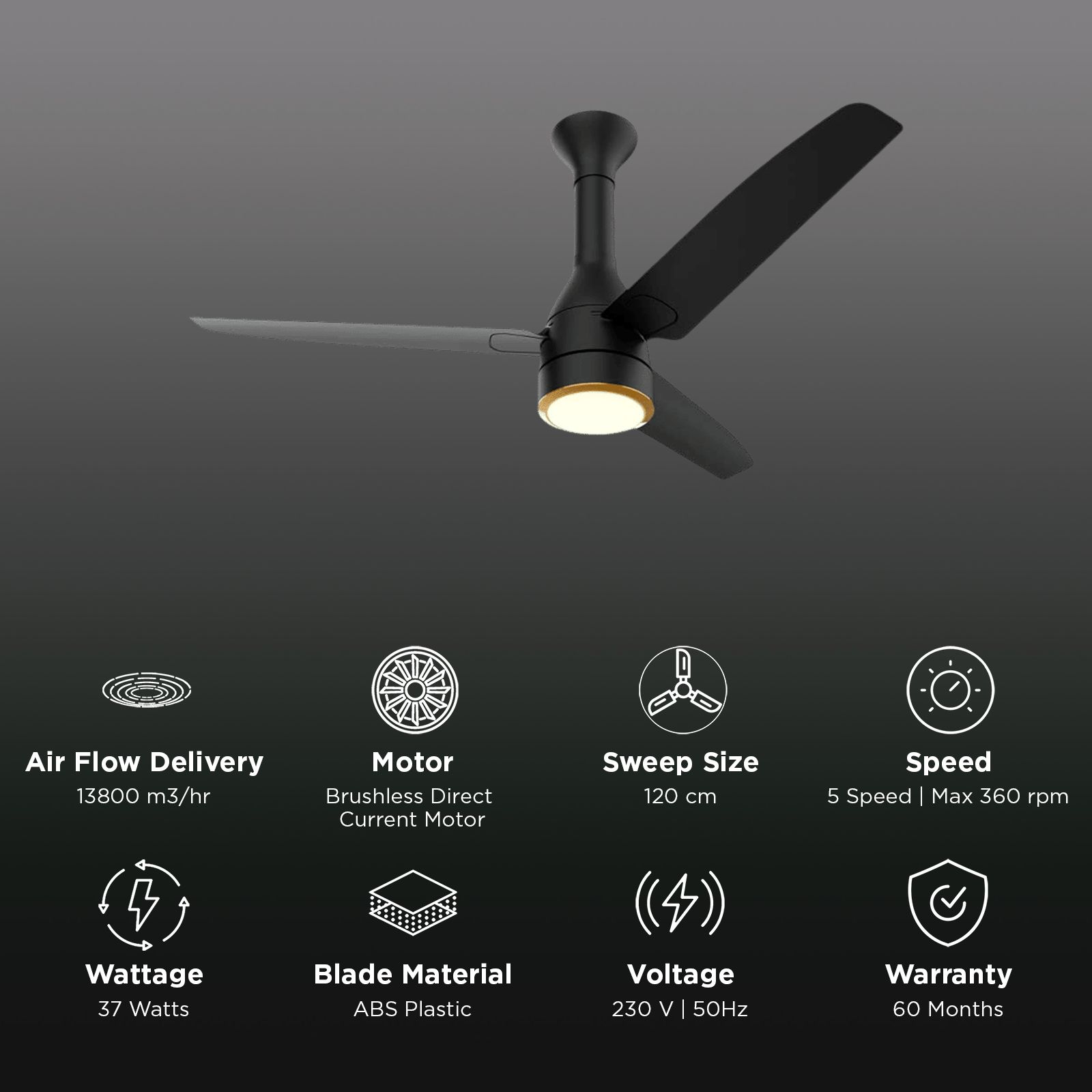 Crompton Energion Roverr Underlight 5 Star 1200mm 3 Blade BLDC Motor Ceiling Fan with Remote (Intelligent Memory Function, Matte Black) Crompton Energion Roverr Underlight 5 Star 1200mm 3 Blade BLDC Motor Ceiling Fan with Remote (Intelligent Memory Function, Matte Black)_3
