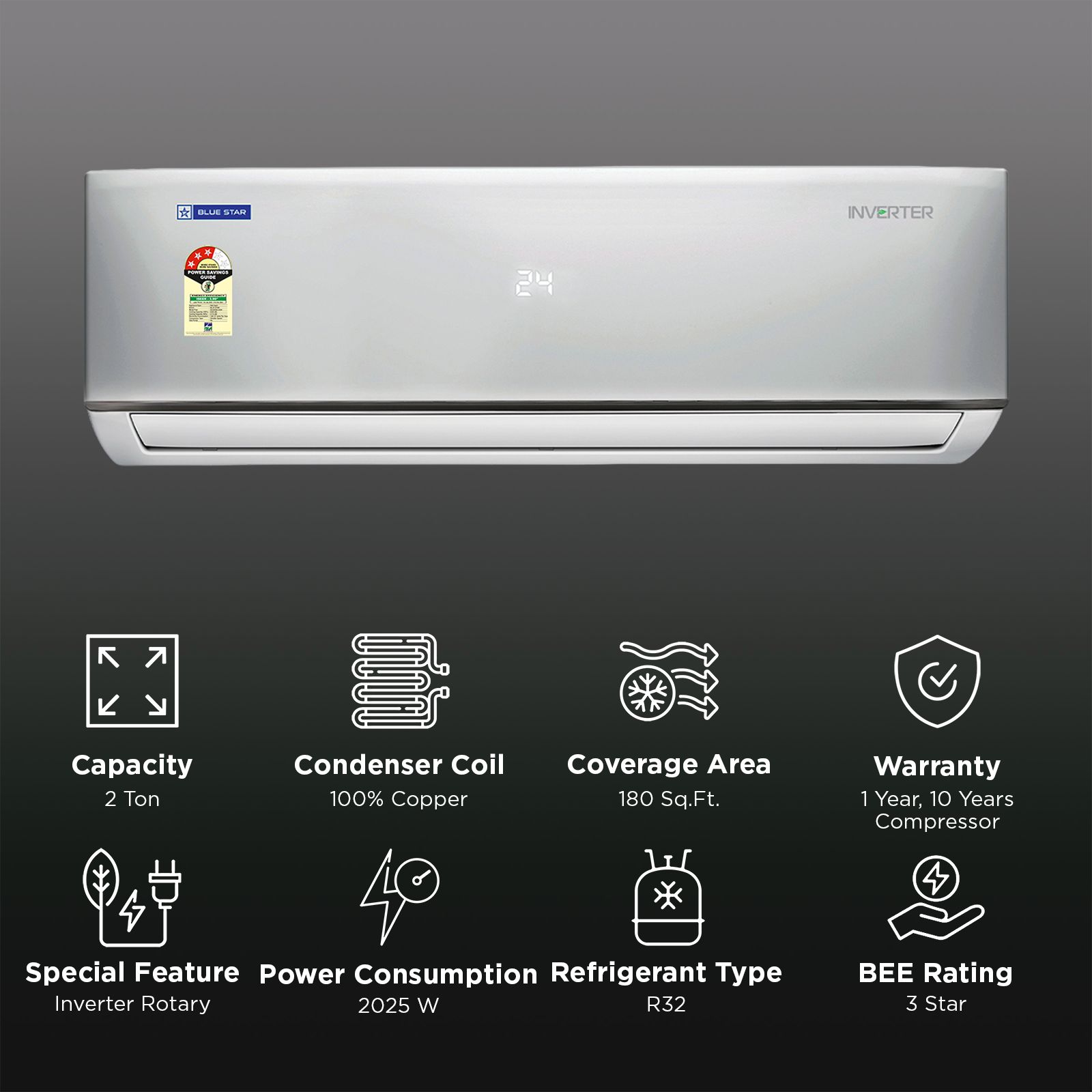 Blue Star D Series 5 in 1 Convertible 2 Ton 3 Star Inverter Split AC with 2-Way Swing (Copper Condenser, IE324DNU) Blue Star D Series 5 in 1 Convertible 2 Ton 3 Star Inverter Split AC with 2-Way Swing (Copper Condenser, IE324DNU)_2