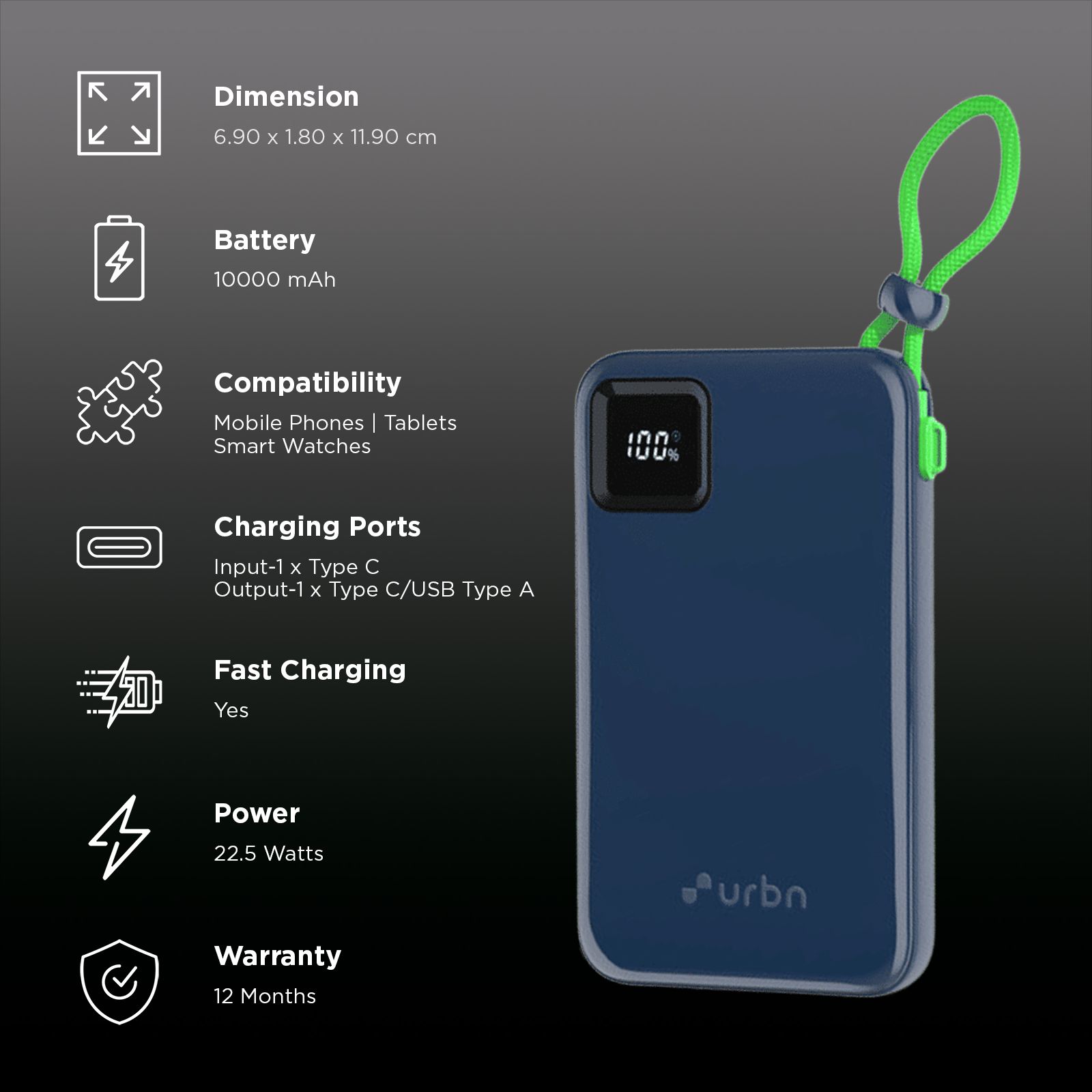 urbn Ultra Link 10000 mAh 22.5W Fast Charging Power Bank (1 Type A & 2 Type C Ports, Smart LED Display, Blue) urbn Ultra Link 10000 mAh 22.5W Fast Charging Power Bank (1 Type A & 2 Type C Ports, Smart LED Display, Blue)_3