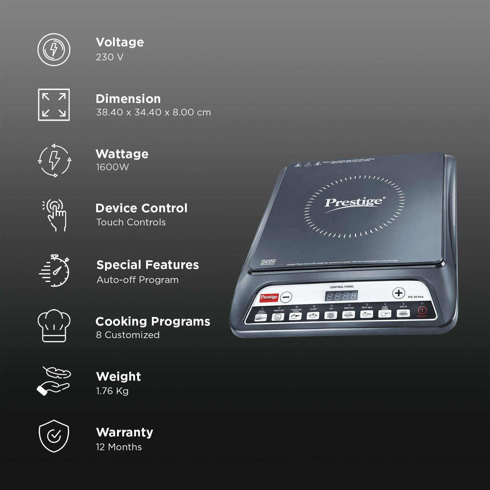Prestige PIC 20 NEO 1600W Induction Cooktop with 8 Preset Menus_3