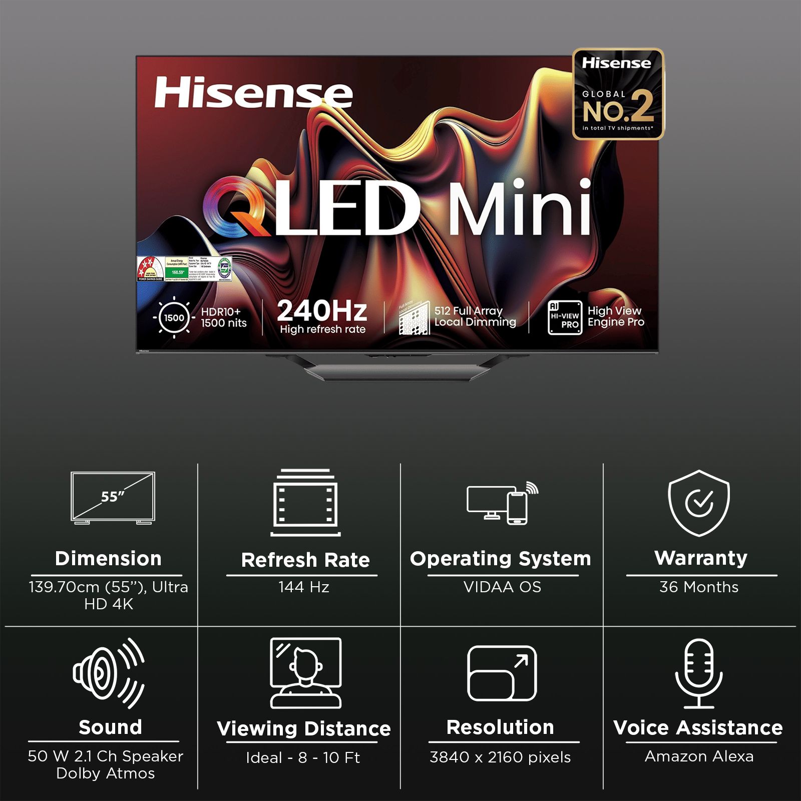 Hisense U7N 140 cm (55 inch) 4K Ultra HD Mini LED Smart VIDAA TV with Dolby Vision & Dolby Atmos (2024 model)_3