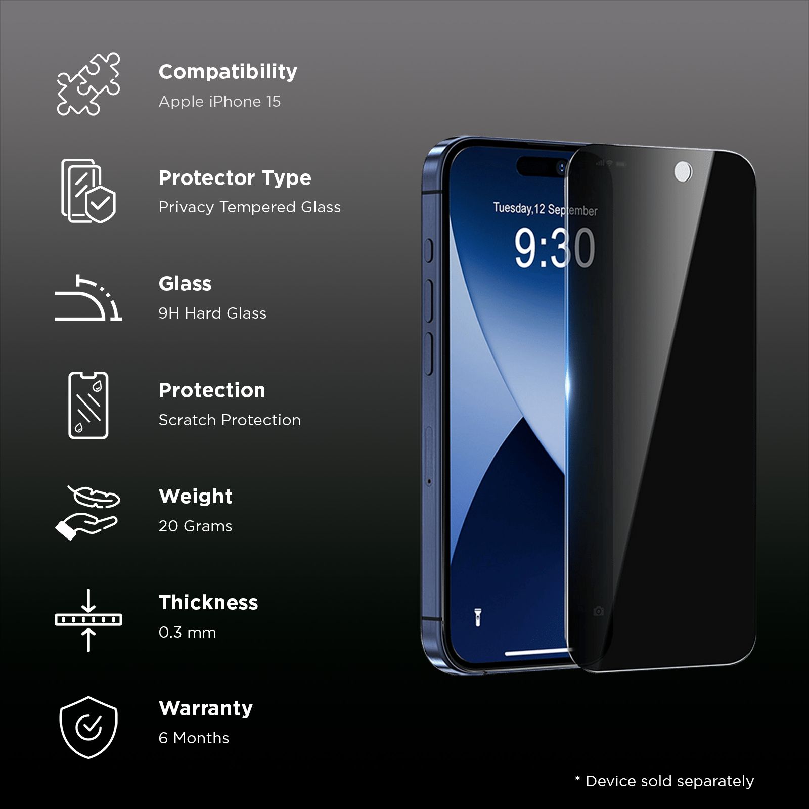 GRIPP Privacy Tempered Glass for Apple iPhone 15 (9H Hardness Scratch Resistant)_3