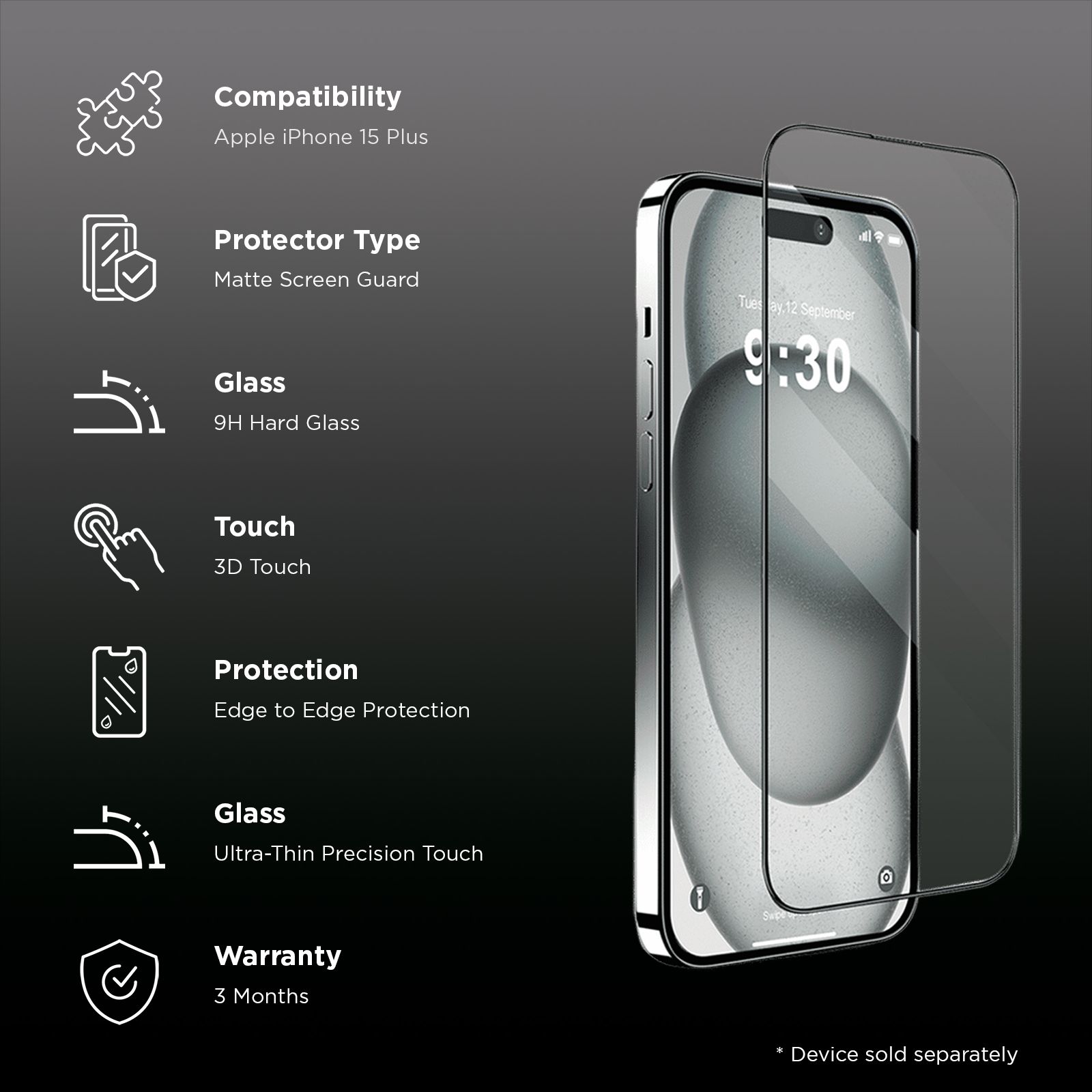 GRIPP Privacy Matte Tempered Glass for Apple iPhone 15 Plus (9H Hardness Scratch Resistant)_3