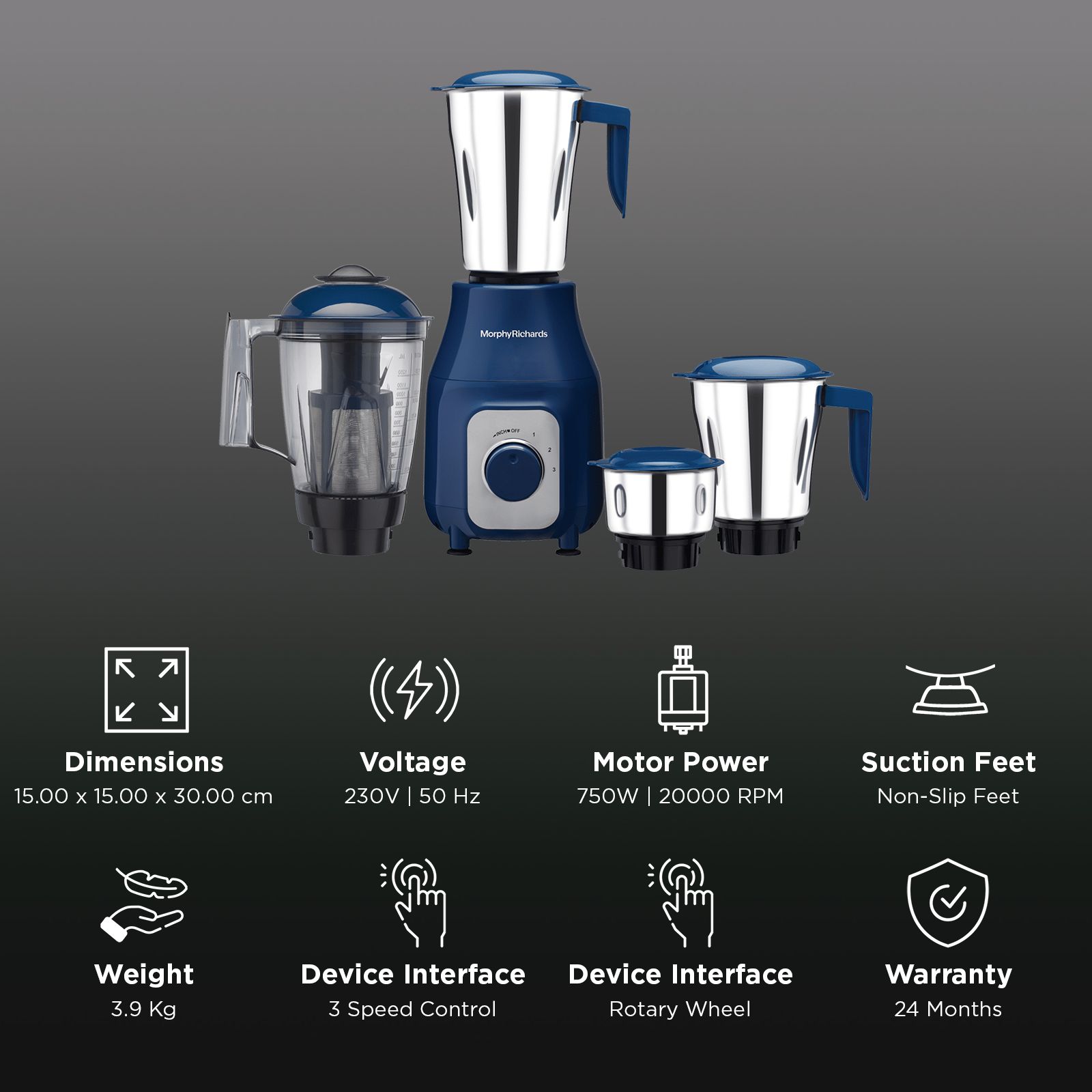 Morphy Richards Tetra Blend 750 Watt 4 Jars Juicer Mixer Grinder (20000 RPM, Overload Protection, Blue and Chrome) Morphy Richards Tetra Blend 750 Watt 4 Jars Juicer Mixer Grinder (20000 RPM, Overload Protection, Blue and Chrome)_3