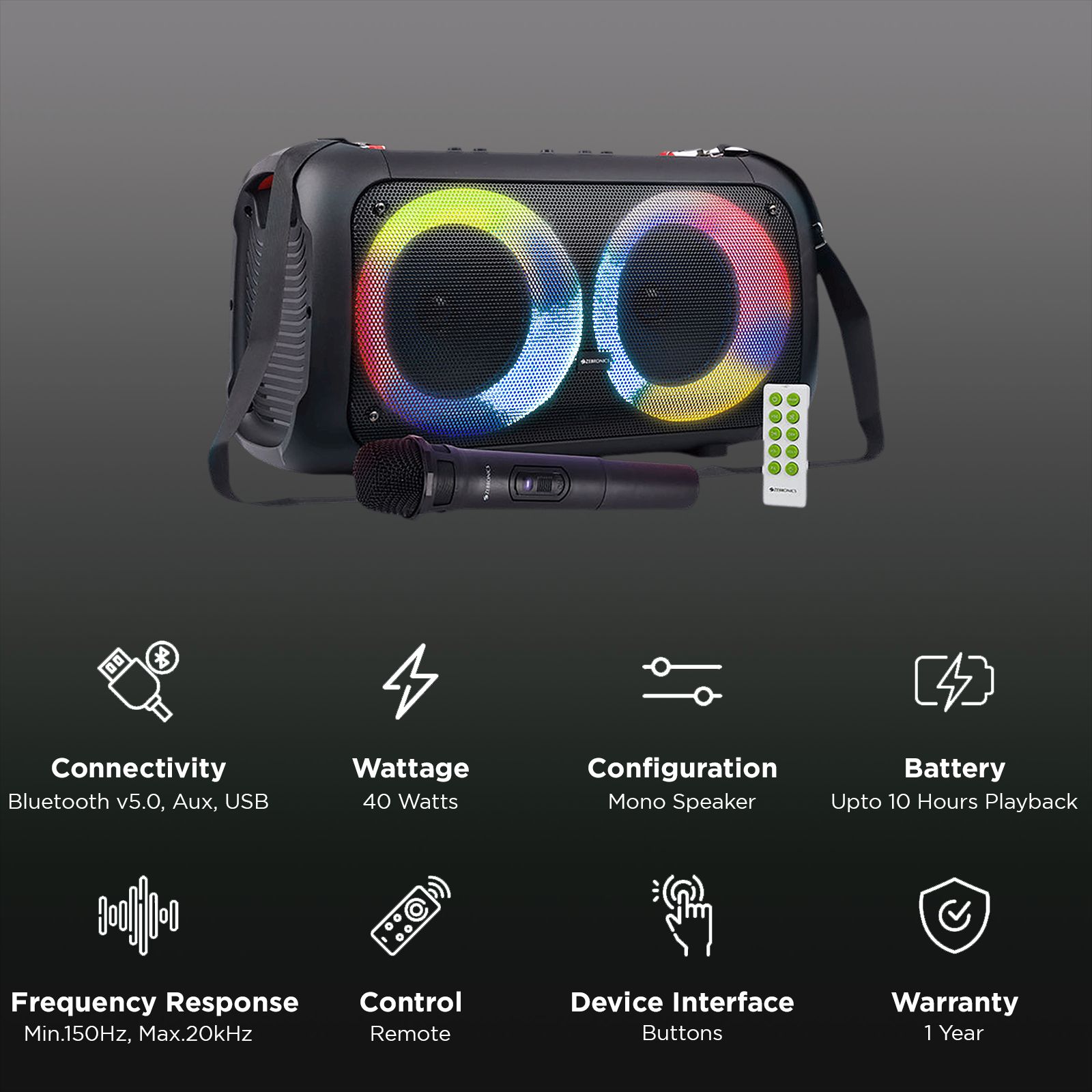 ZEBRONICS Zeb-Thump 400 40W Bluetooth Party Speaker with Mic (10 Hours Playtime, Mono Channel, Black) ZEBRONICS Zeb-Thump 400 40W Bluetooth Party Speaker with Mic (10 Hours Playtime, Mono Channel, Black)_3