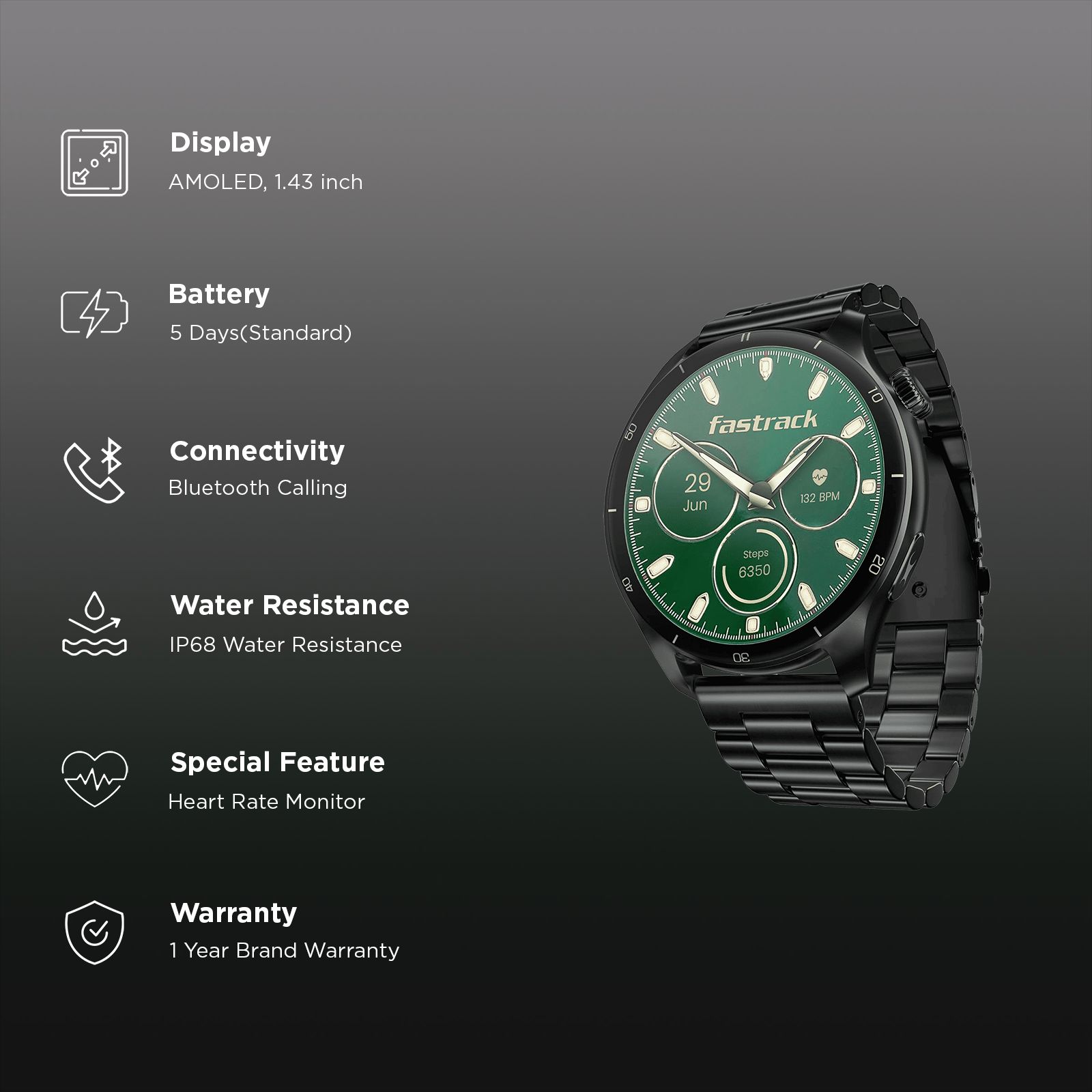 fastrack Dezire FX1 PRO Smartwatch with Bluetooth Calling (36.3mm AMOLED Display, IP68 Water Resistant, Carbon Black Strap)_2