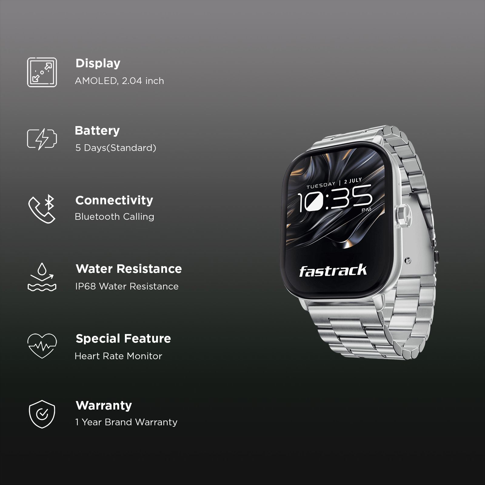fastrack Radiant FX2 Smartwatch with Bluetooth Calling (52mm AMOLED Display, IP68 Water Resistant, Silver Metal Strap)_3