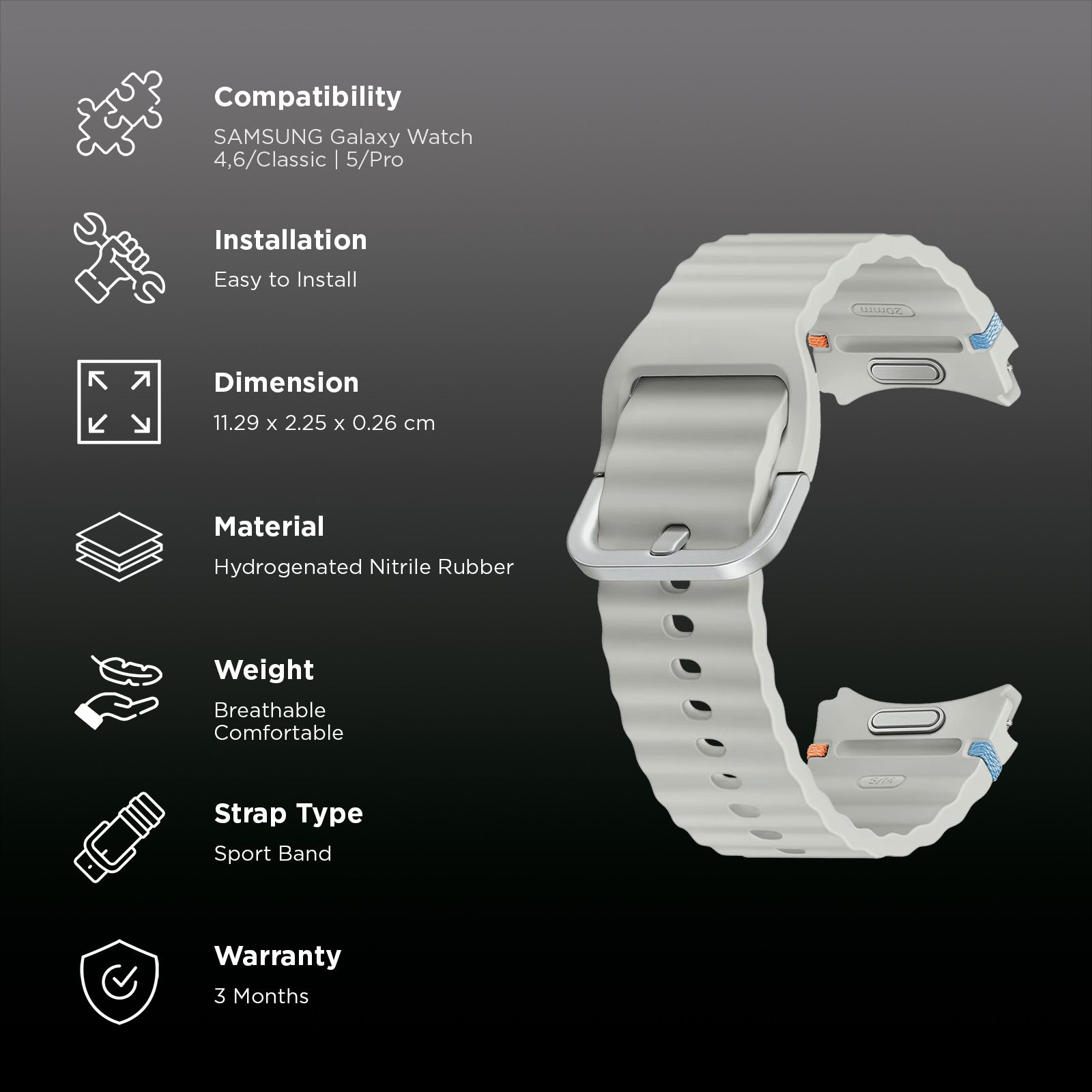 SAMSUNG ET-SNL30SSEGIN HNBR Sport Band for SAMSUNG Galaxy Watch7, Watch4, Watch4 Classic, Watch5, Watch 5 Pro, Watch6 & Watch6 Classic (S/M) (Breathable Design, Silver) SAMSUNG ET-SNL30SSEGIN HNBR Sport Band for SAMSUNG Galaxy Watch7, Watch4, Watch4 Classic, Watch5, Watch 5 Pro, Watch6 & Watch6 Classic (S/M) (Breathable Design, Silver)_2