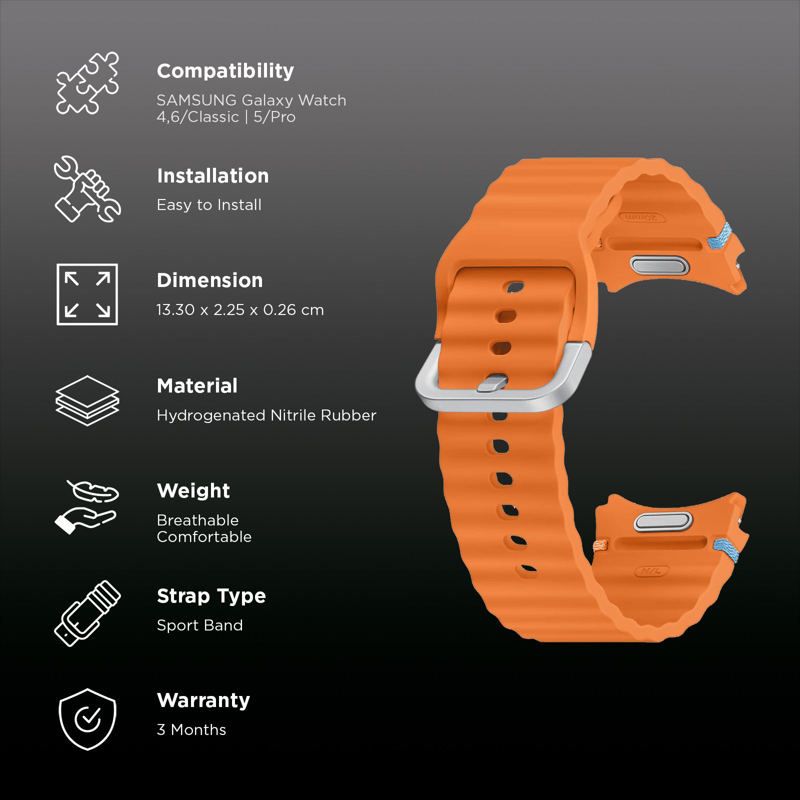 SAMSUNG ET-SNL31LOEGIN HNBR Sport Band for SAMSUNG Galaxy Watch7, Watch4, Watch4 Classic, Watch5, Watch 5 Pro, Watch6 & Watch6 Classic (M/L) (Breathable Design, Orange) SAMSUNG ET-SNL31LOEGIN HNBR Sport Band for SAMSUNG Galaxy Watch7, Watch4, Watch4 Classic, Watch5, Watch 5 Pro, Watch6 & Watch6 Classic (M/L) (Breathable Design, Orange)_2