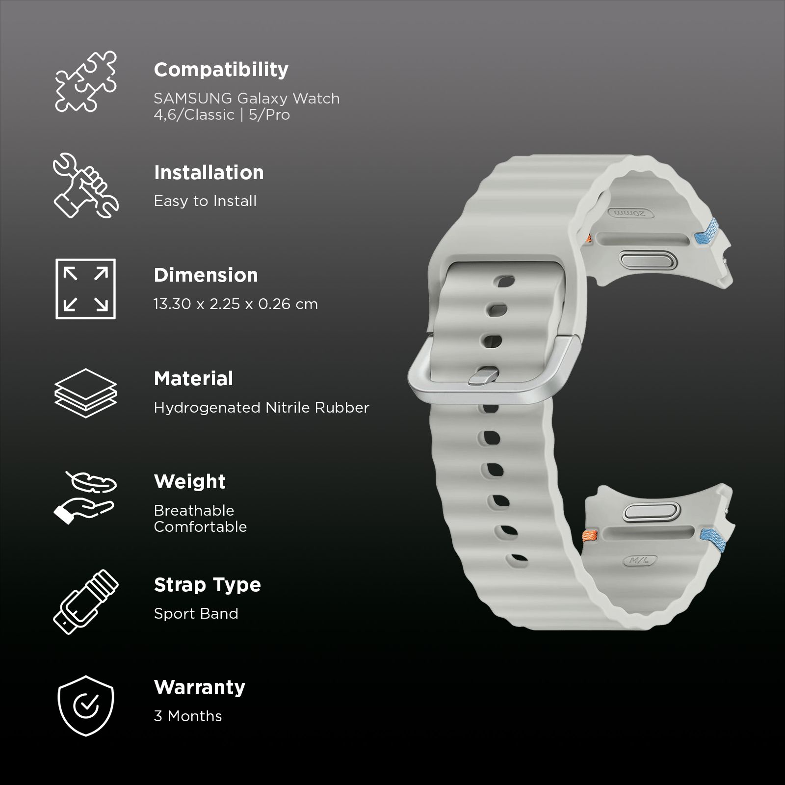 SAMSUNG ET-SNL31LSEGIN HNBR Sport Band for SAMSUNG Galaxy Watch7, Watch4, Watch4 Classic, Watch5, Watch 5 Pro, Watch6 & Watch6 Classic (M/L) (Breathable Design, Silver)_2