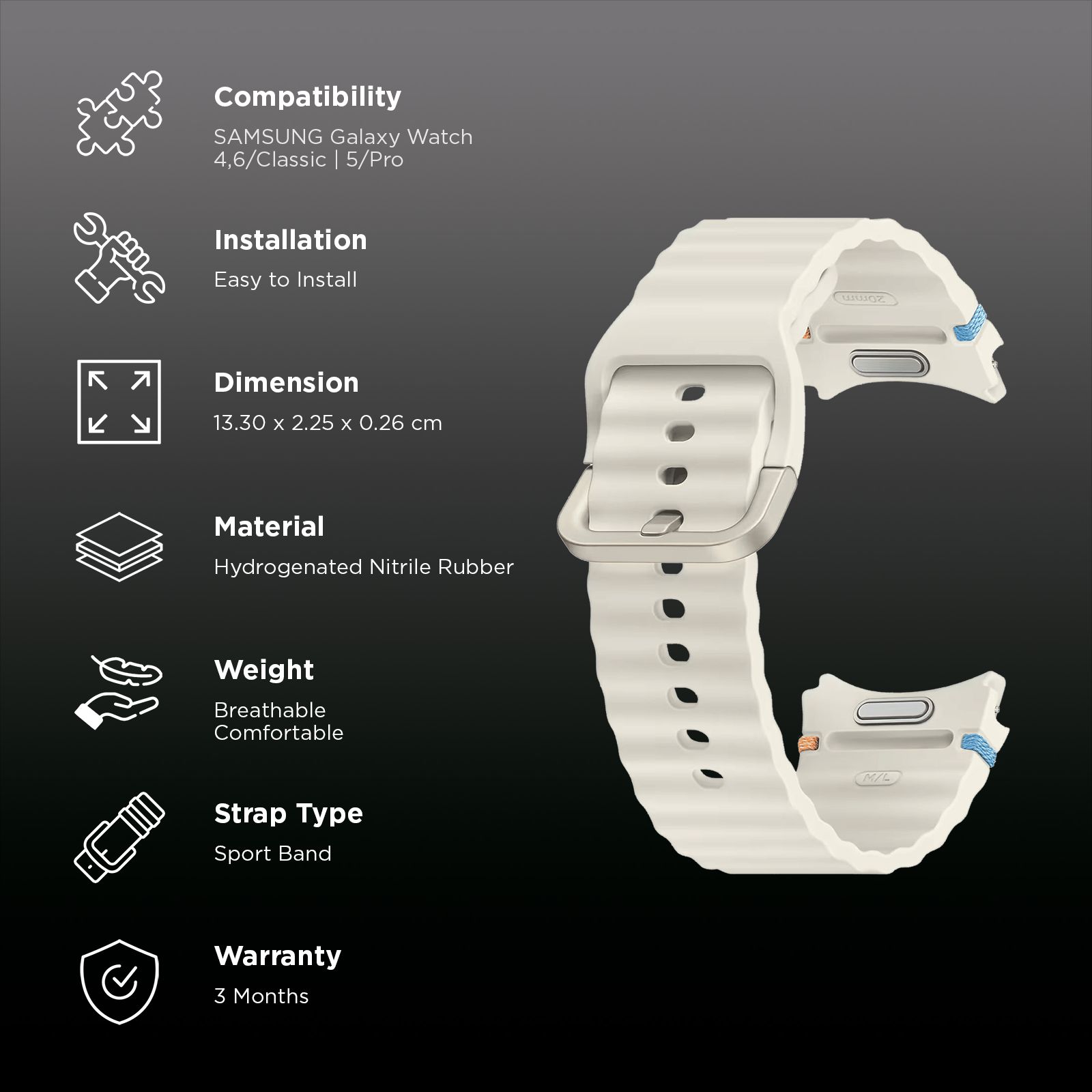 SAMSUNG ET-SNL31LWEGIN HNBR Sport Band for SAMSUNG Galaxy Watch7, Watch4, Watch4 Classic, Watch5, Watch 5 Pro, Watch6 & Watch6 Classic (M/L) (Breathable Design, Cream)_2